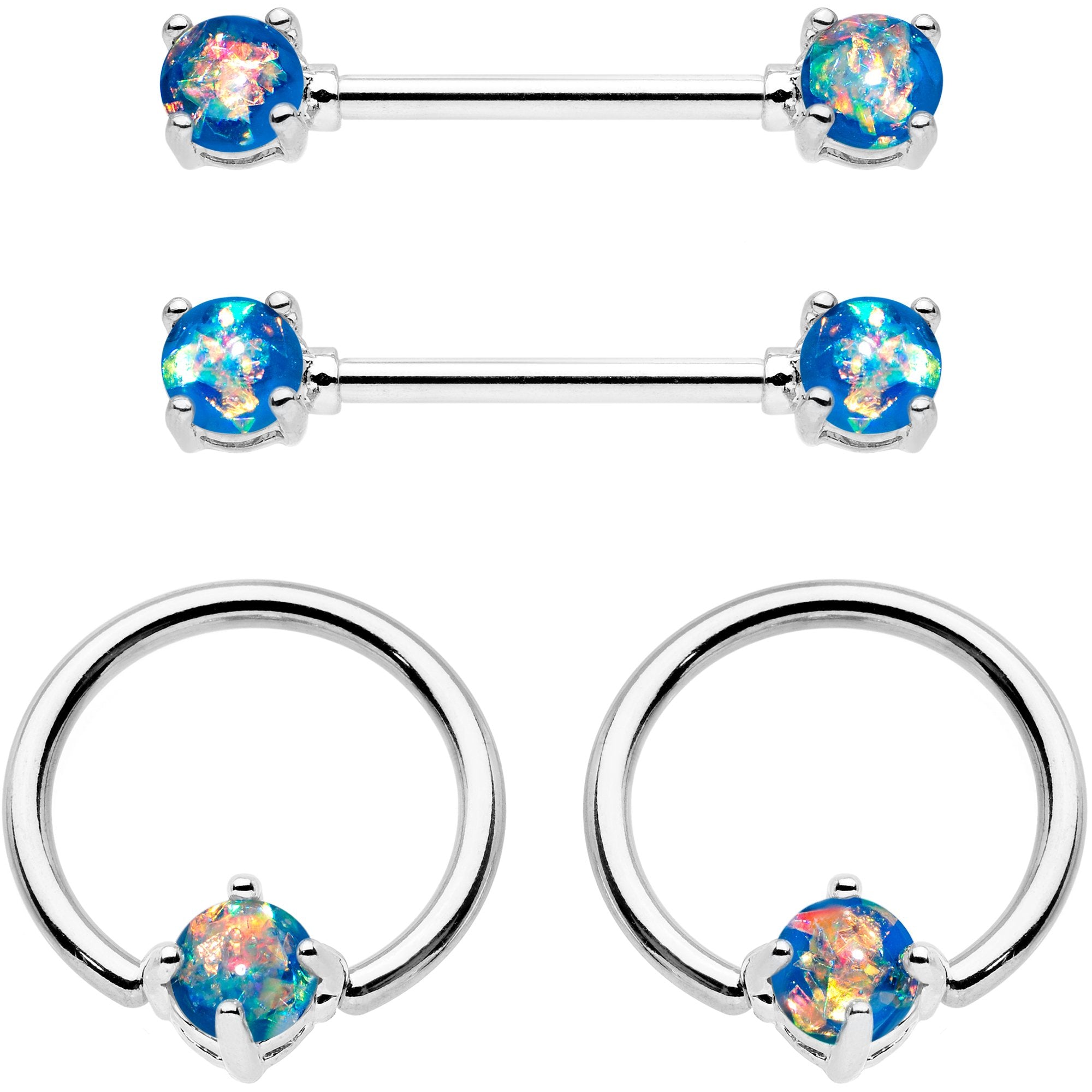 14 Gauge Blue Green Faux Opal Captive Ring Barbell Nipple Ring Set