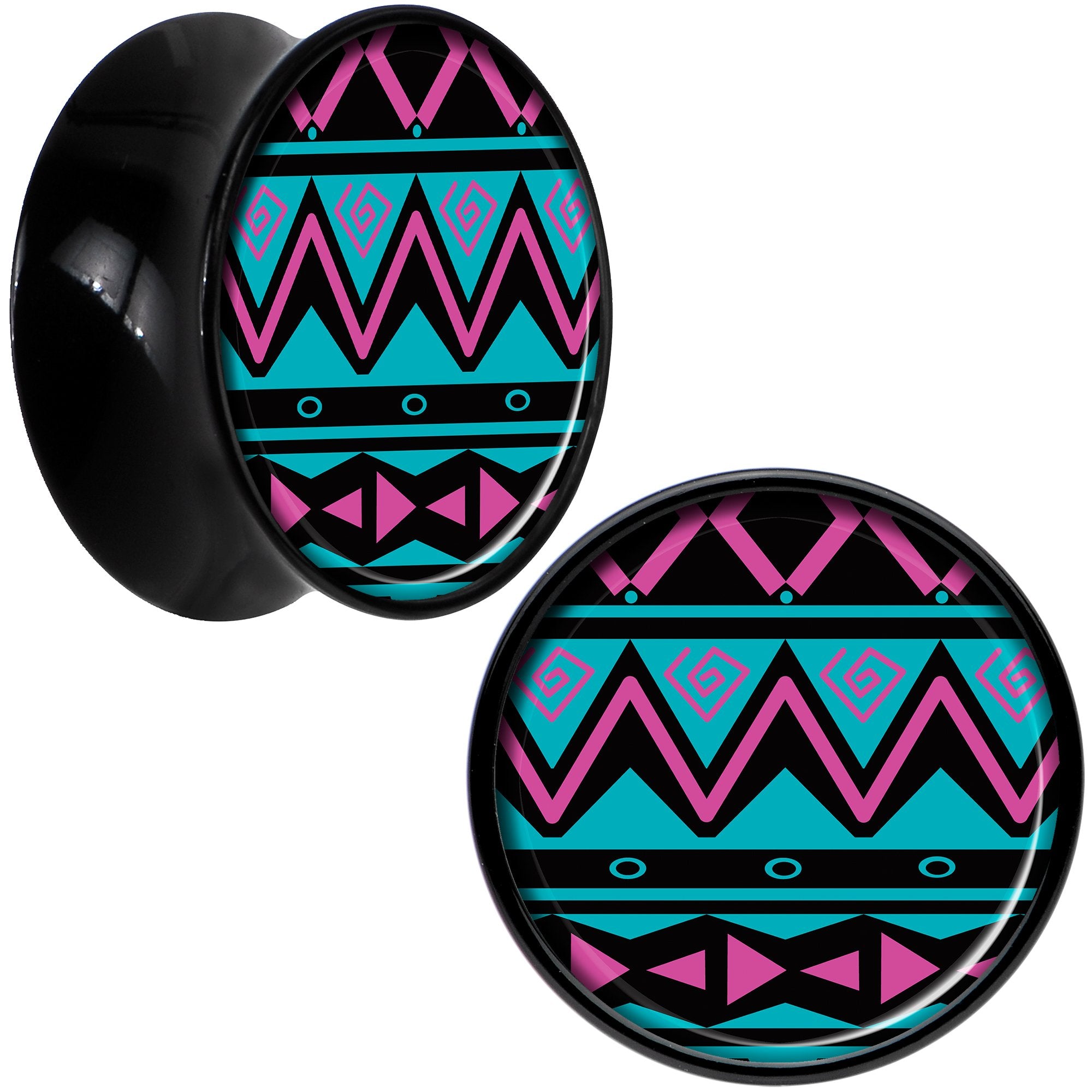 Black Acrylic Pink Teal Tribal Print Saddle Plug Set 5/8