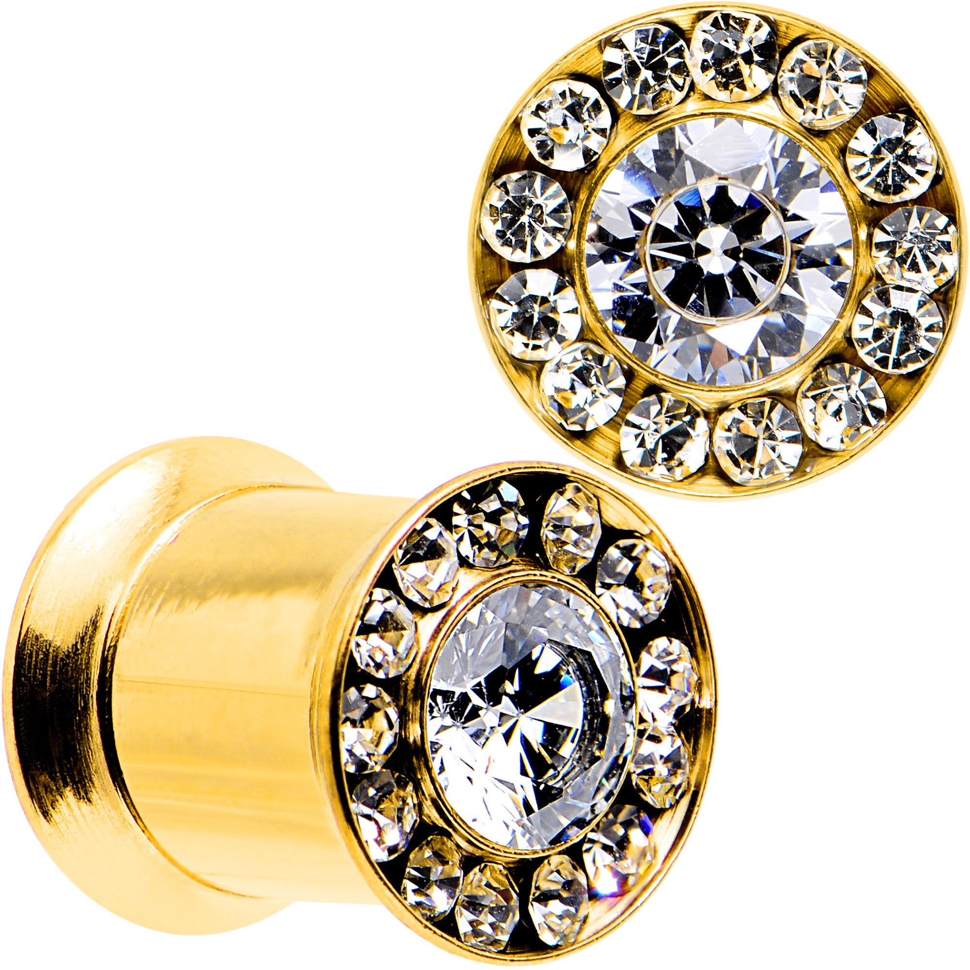 0 Gauge Clear CZ Gem Gold PVD Goddess of Glam Screw Fit Plug Set