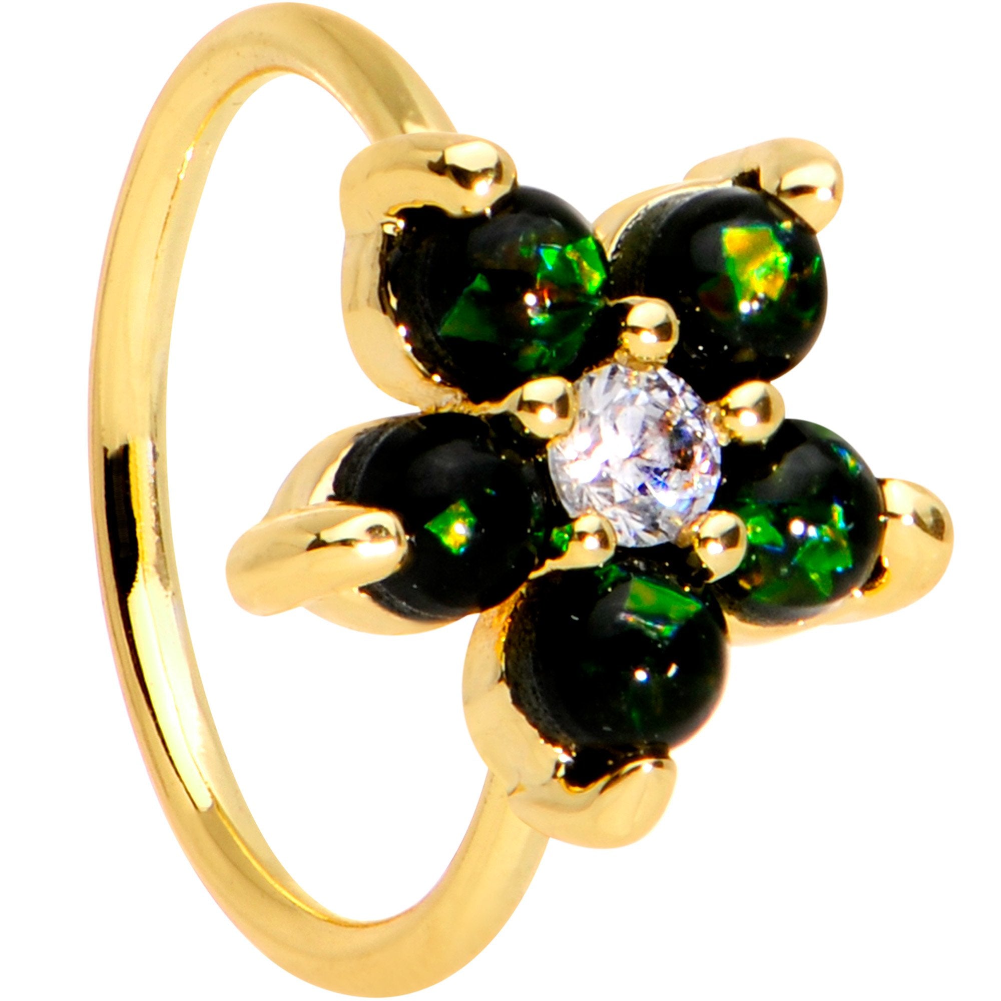 20 Gauge Clear CZ Green Faux Opal Gold Tone Flower Circular Ring