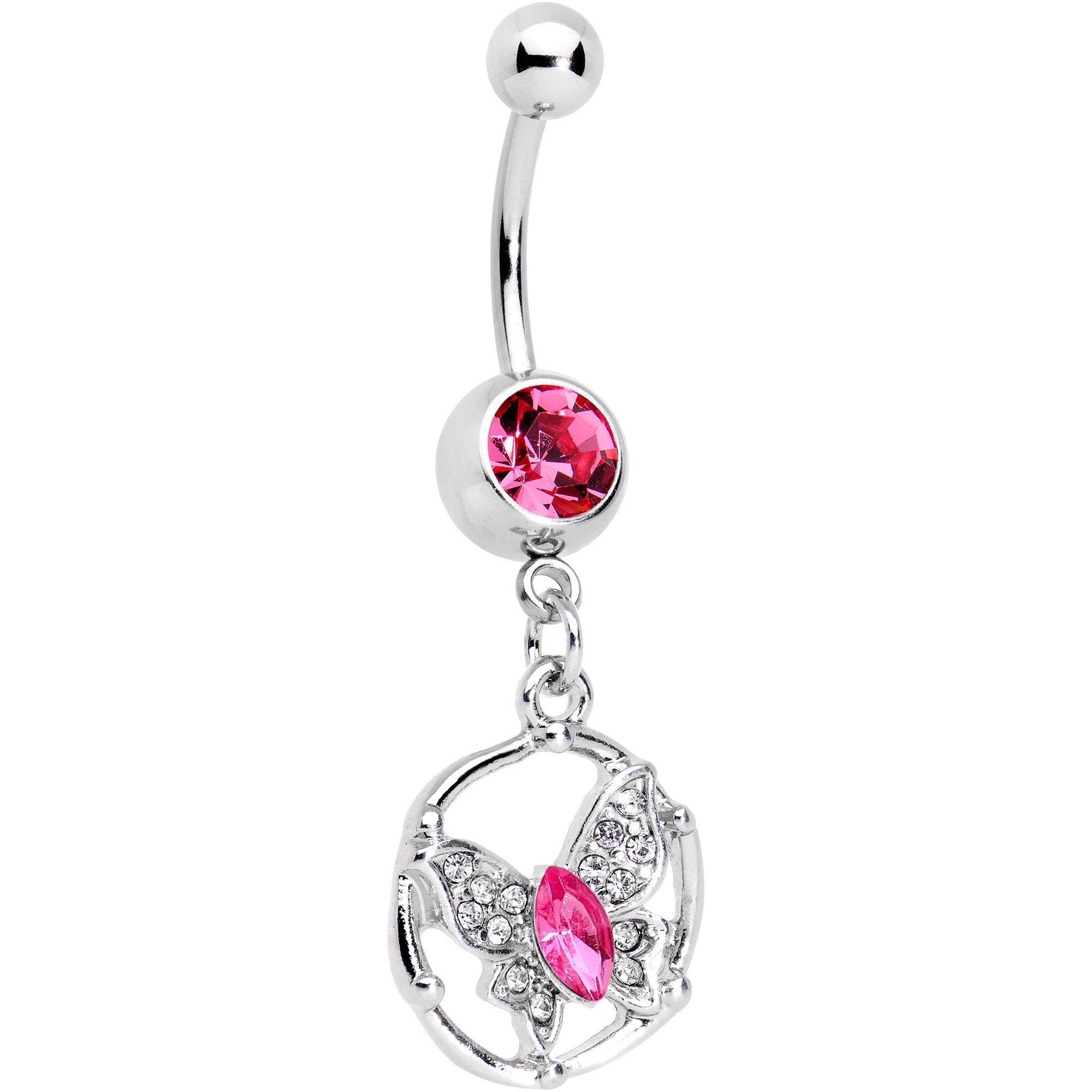 Pink CZ Gem Butterfly Halo Dangle Belly Ring