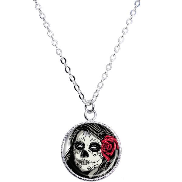 Katrina Sugar Skull with Rose Flower Silver Plated Chain Necklace