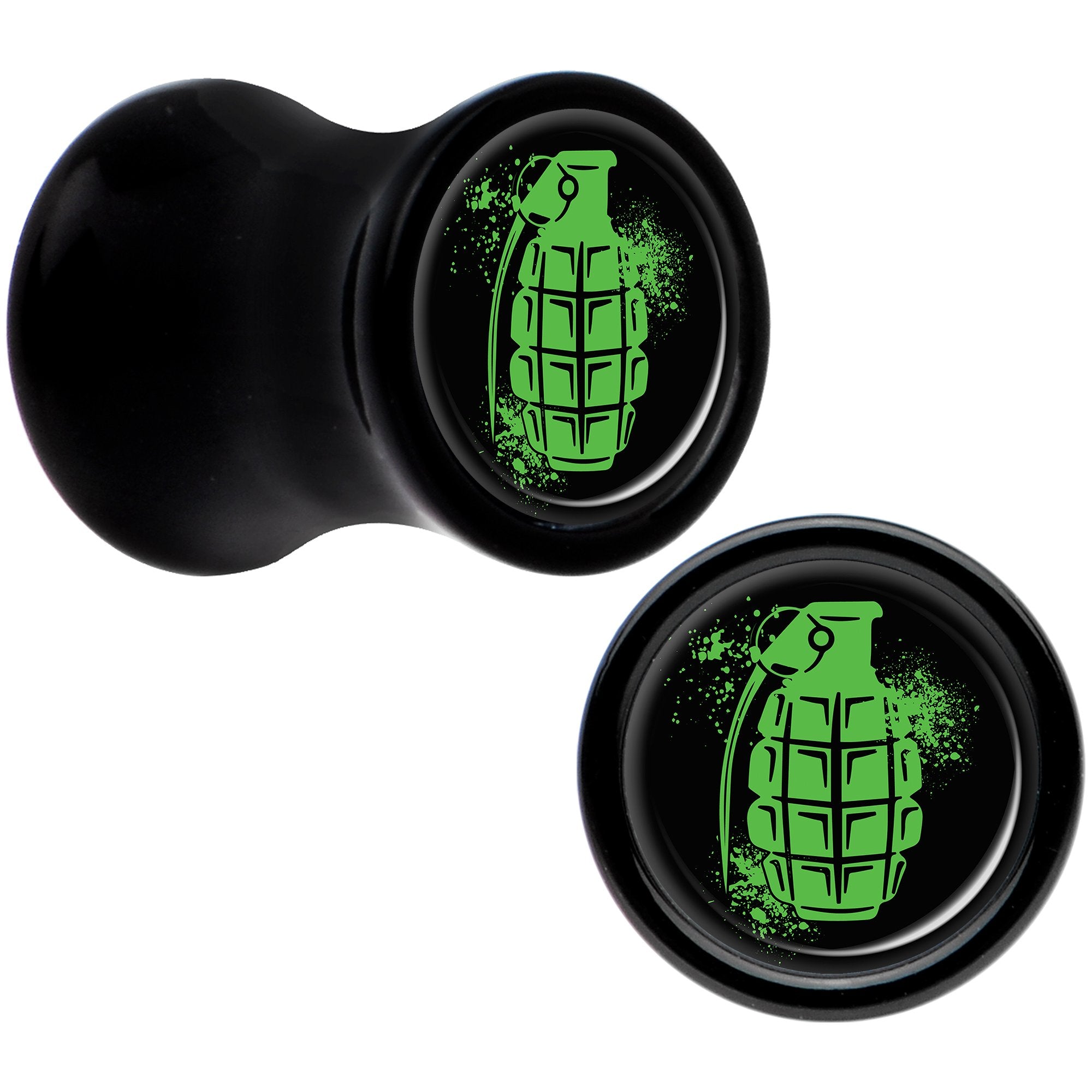 Black Acrylic Green Grenade Saddle Plug Set 2 Gauge