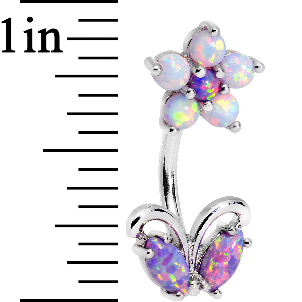 Purple White Faux Opal Flourishing Flower Double Mount Belly Ring