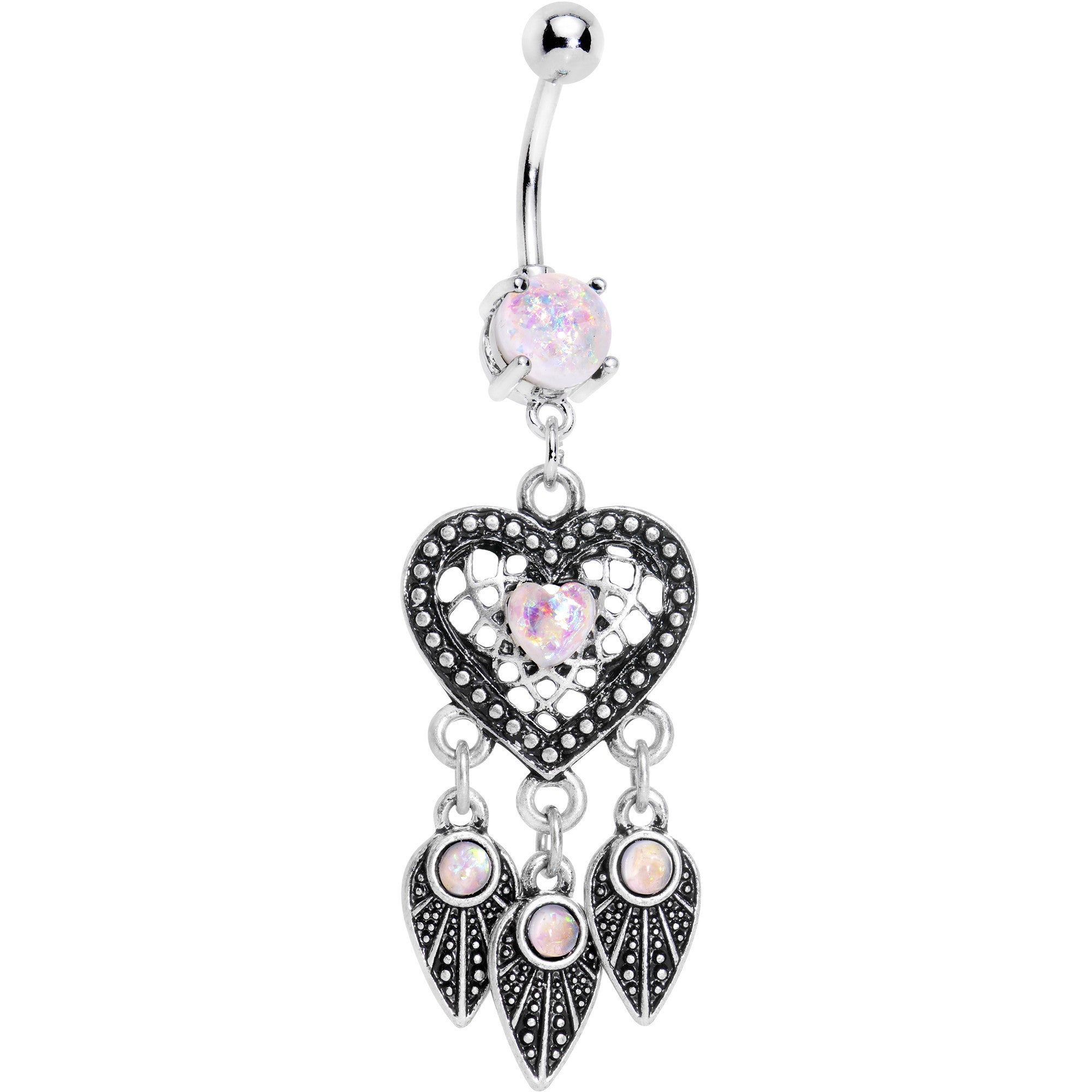 White Faux Opal Have a Heart Dreamcatcher Dangle Belly Ring