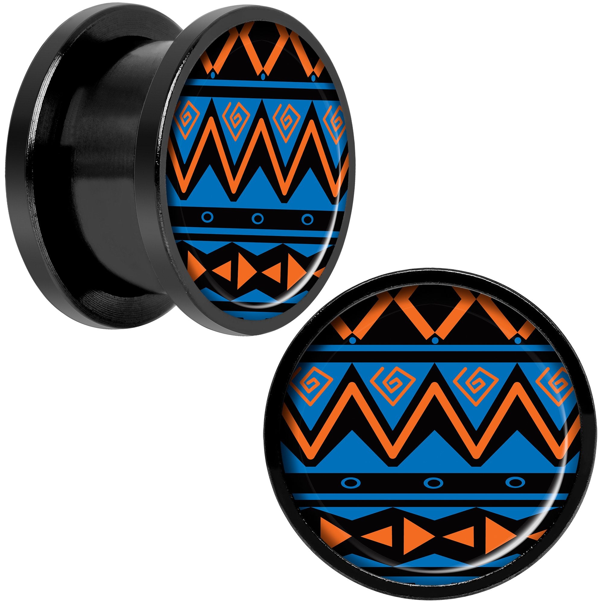 Blue Orange Tribal Print Black Anodized Screw Fit Plug Set 9/16