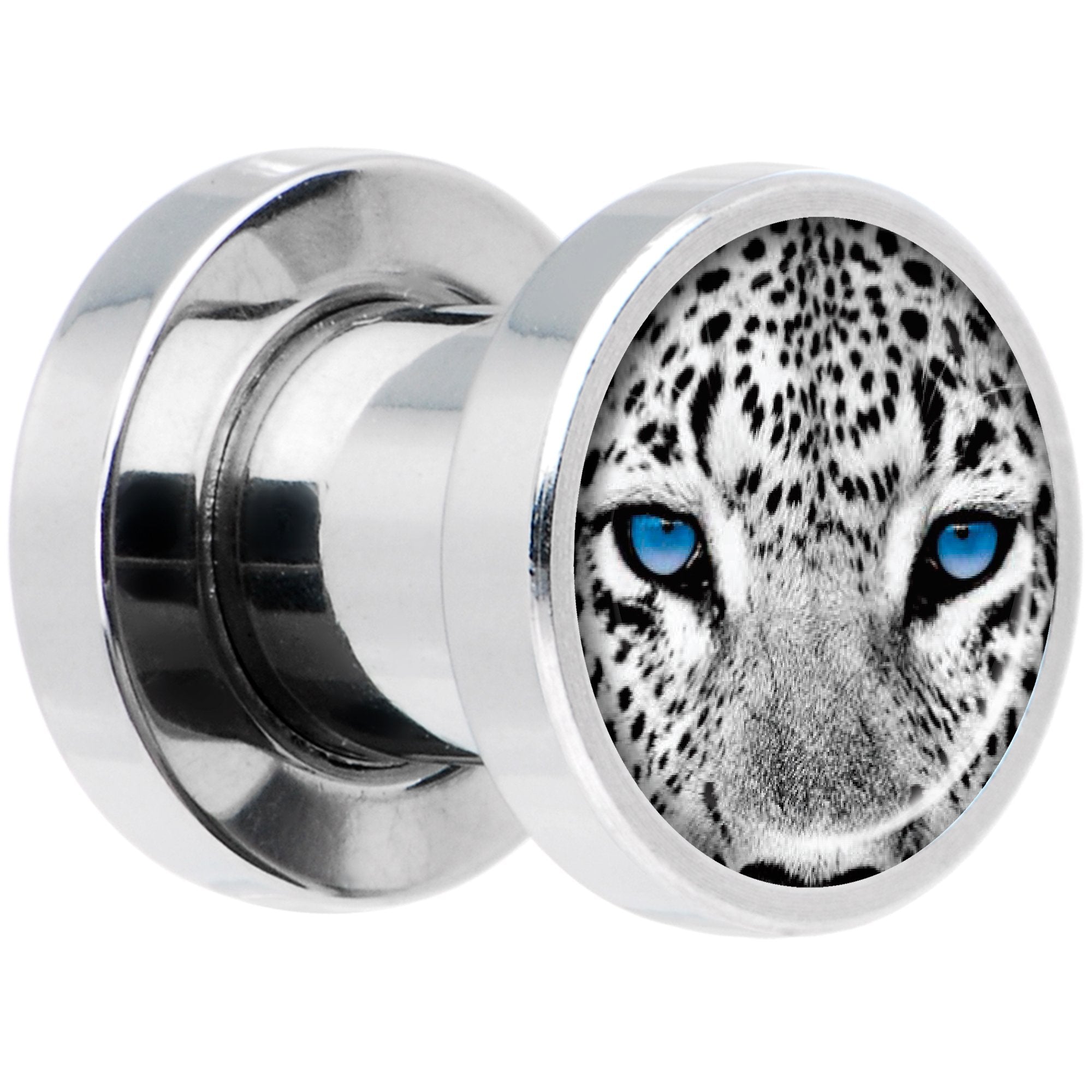 Black White Leopard Eyes Steel Screw Fit Plug Set 2 Gauge