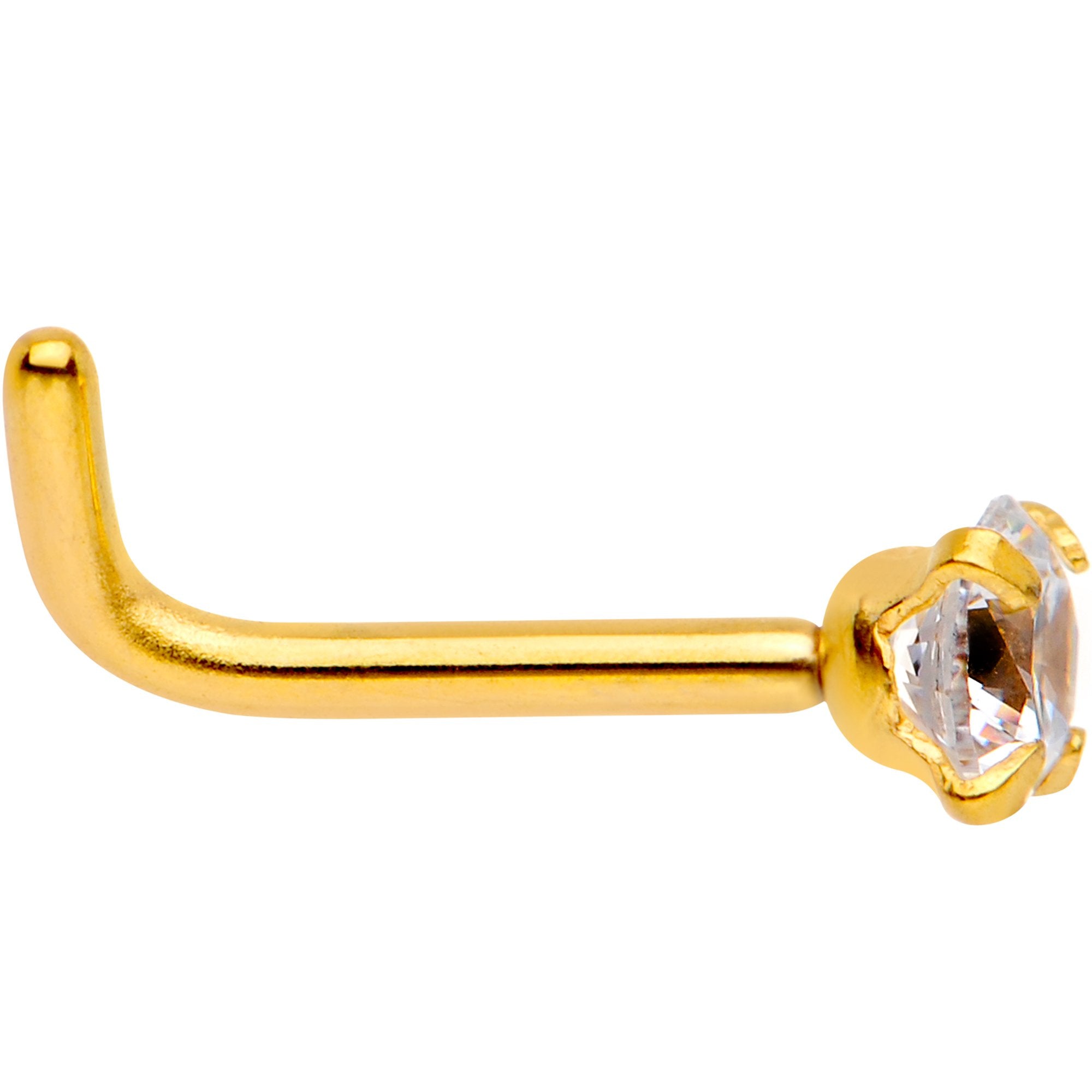 18 Gauge 1/4 Clear 3mm CZ Gem Gold IP L-Shape Nose Ring