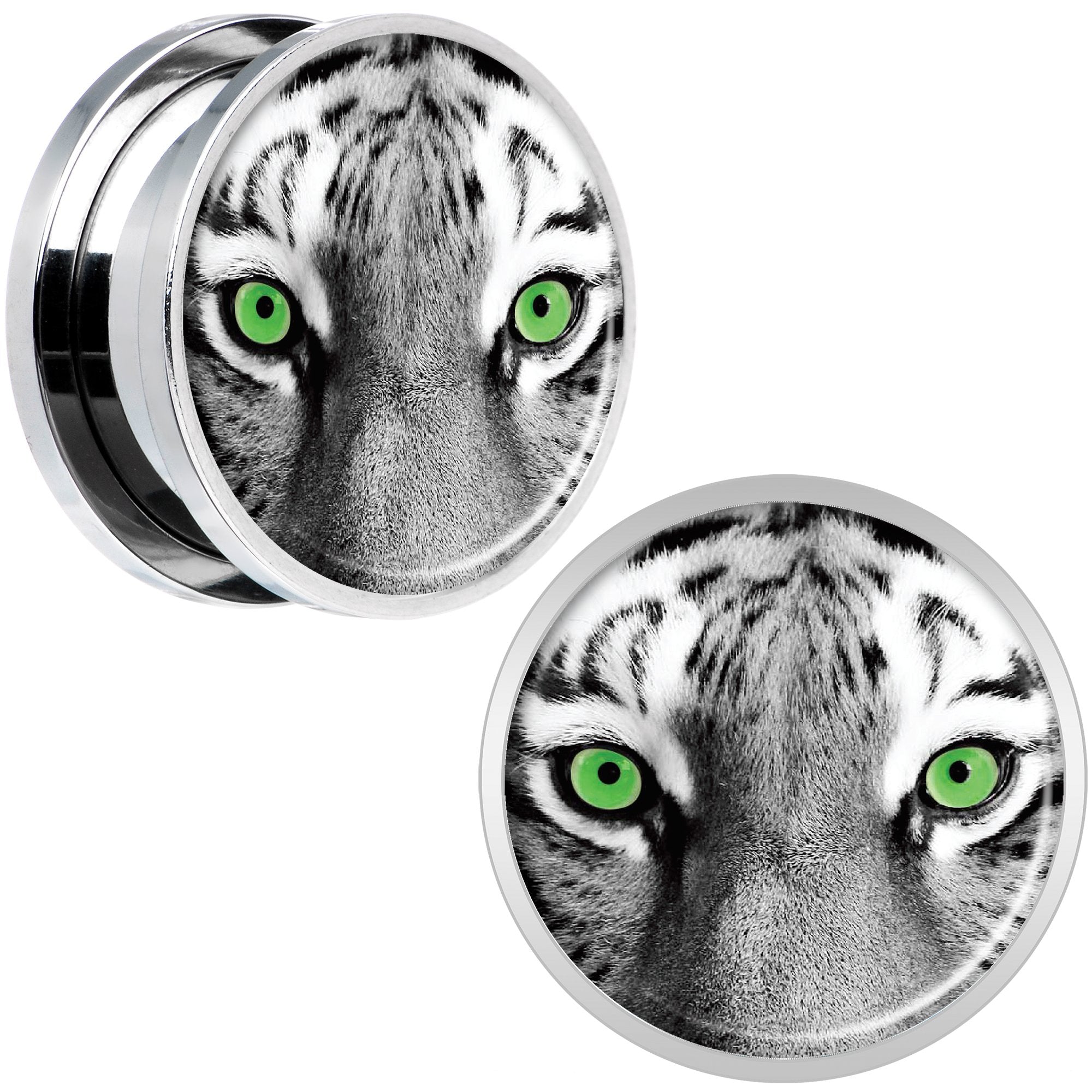 Black White Tiger Eyes Steel Screw Fit Plug Set 18mm