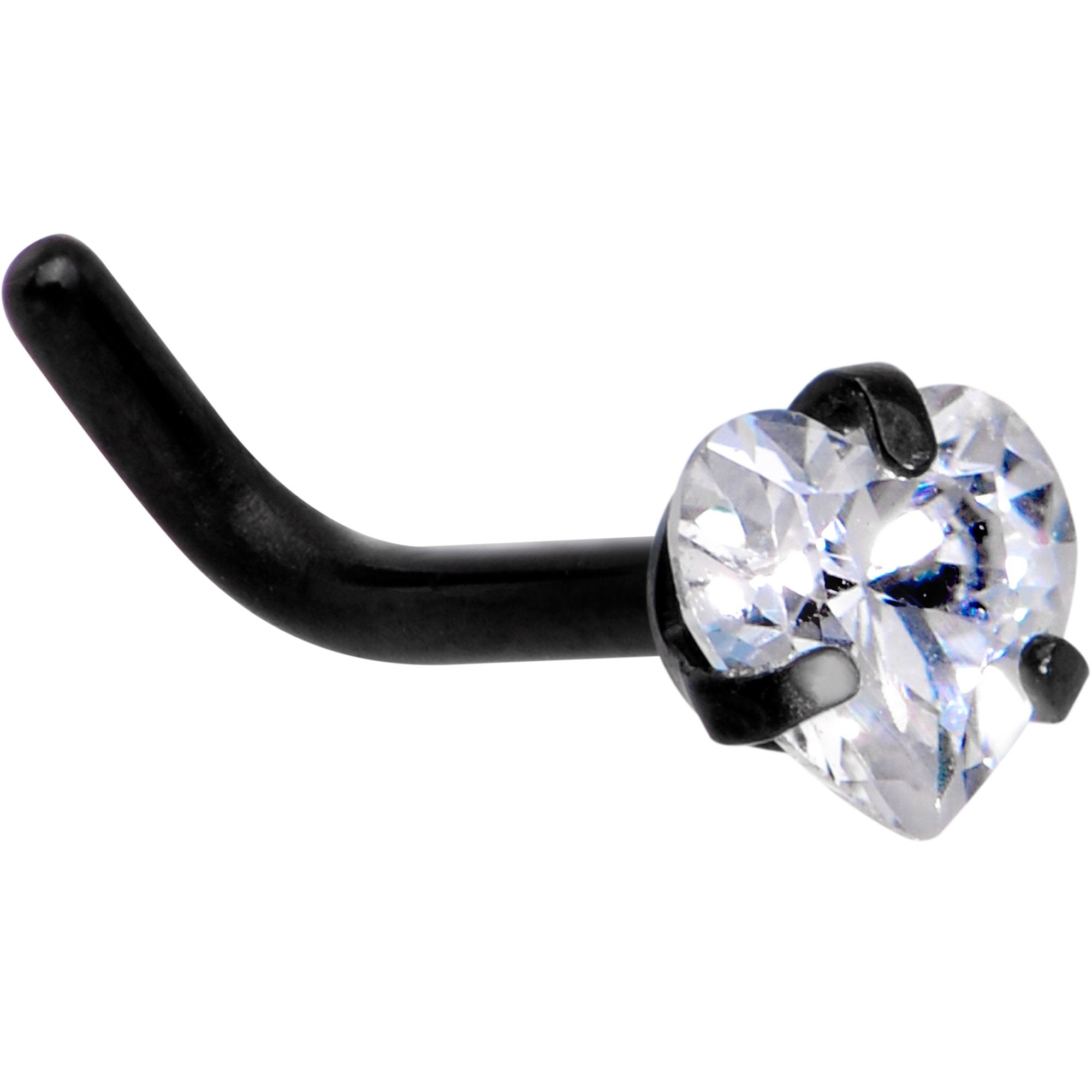 18 Gauge 1/4 Clear Heart 3mm CZ Gem Black IP L-Shape Nose Ring