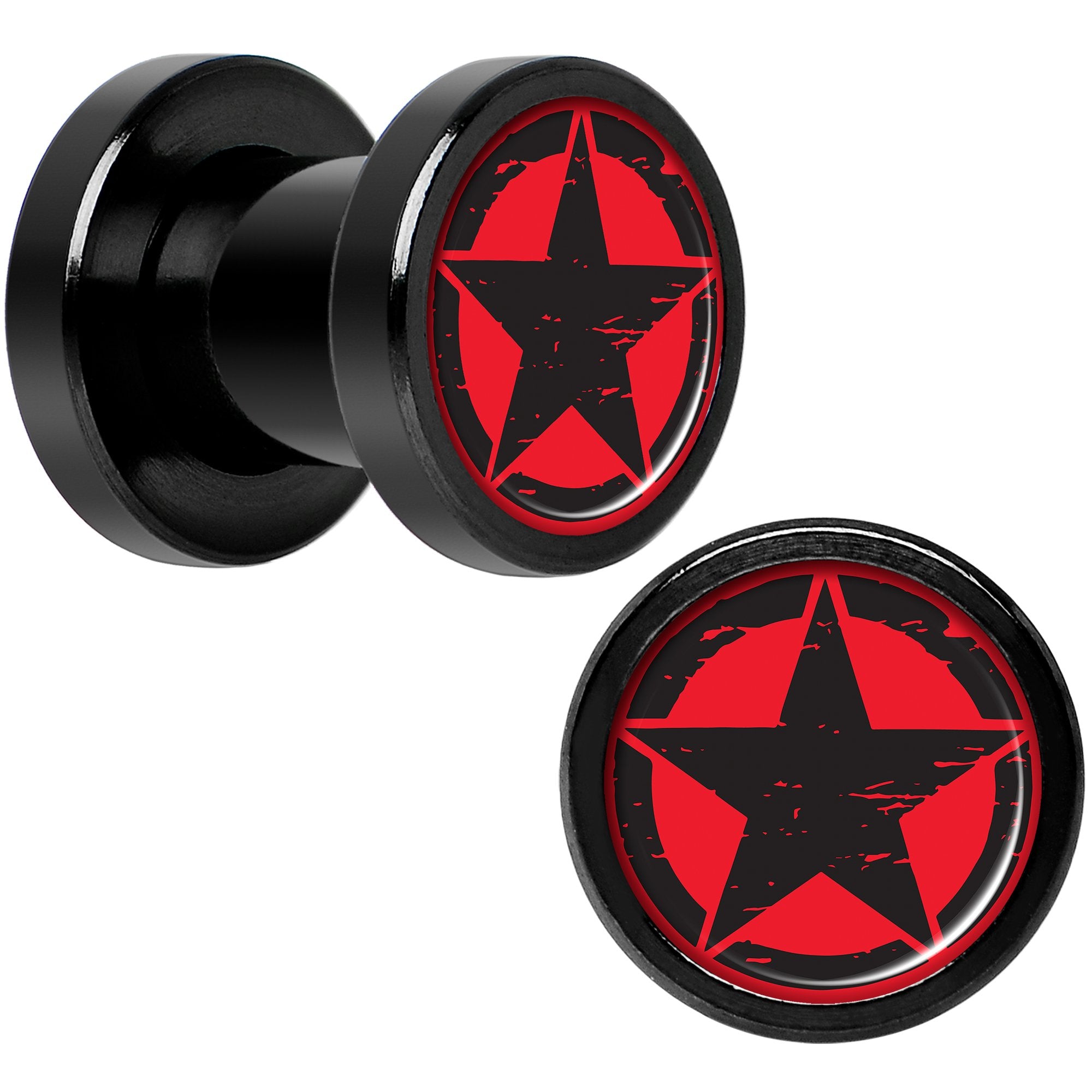 Black Red Distressed Star Black Anodized Screw Fit Plug Set 2 Gauge