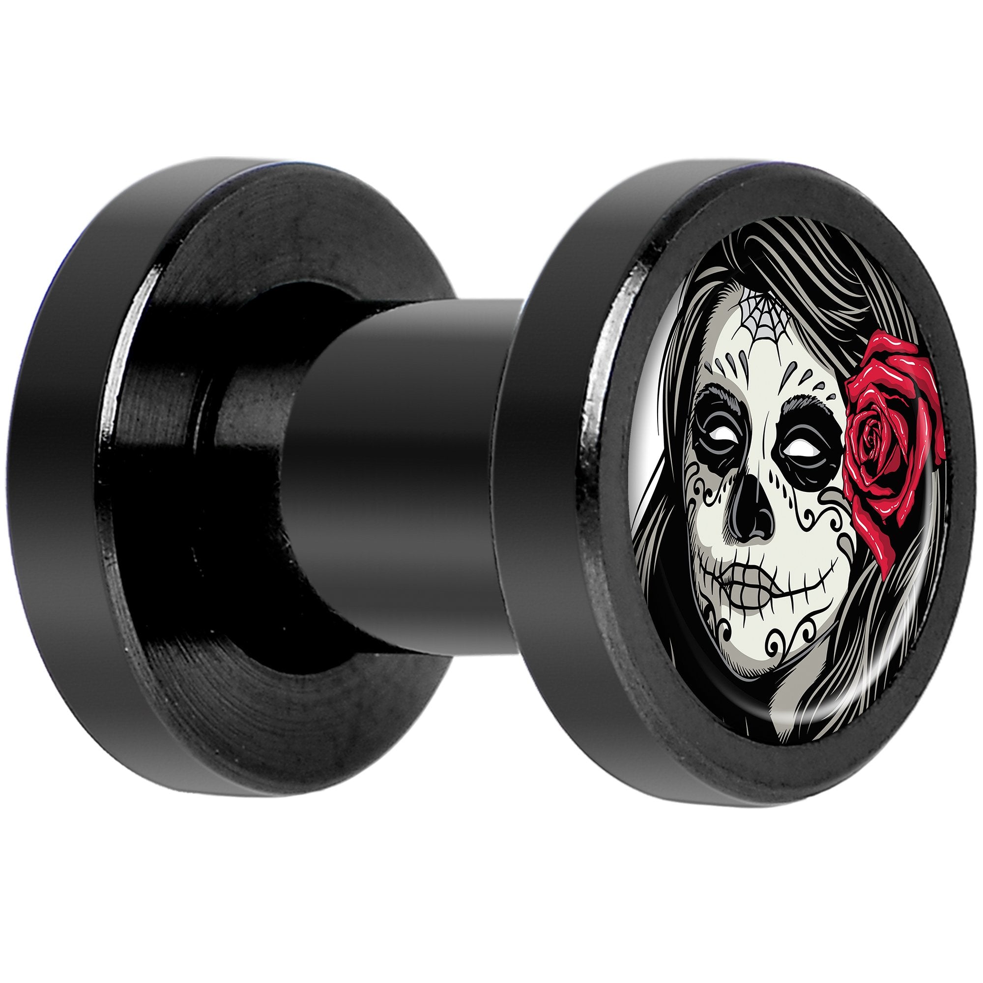 Katrina Sugar Skull Rose Flower Black Anodized Screw Fit Plug Set 4 Gauge