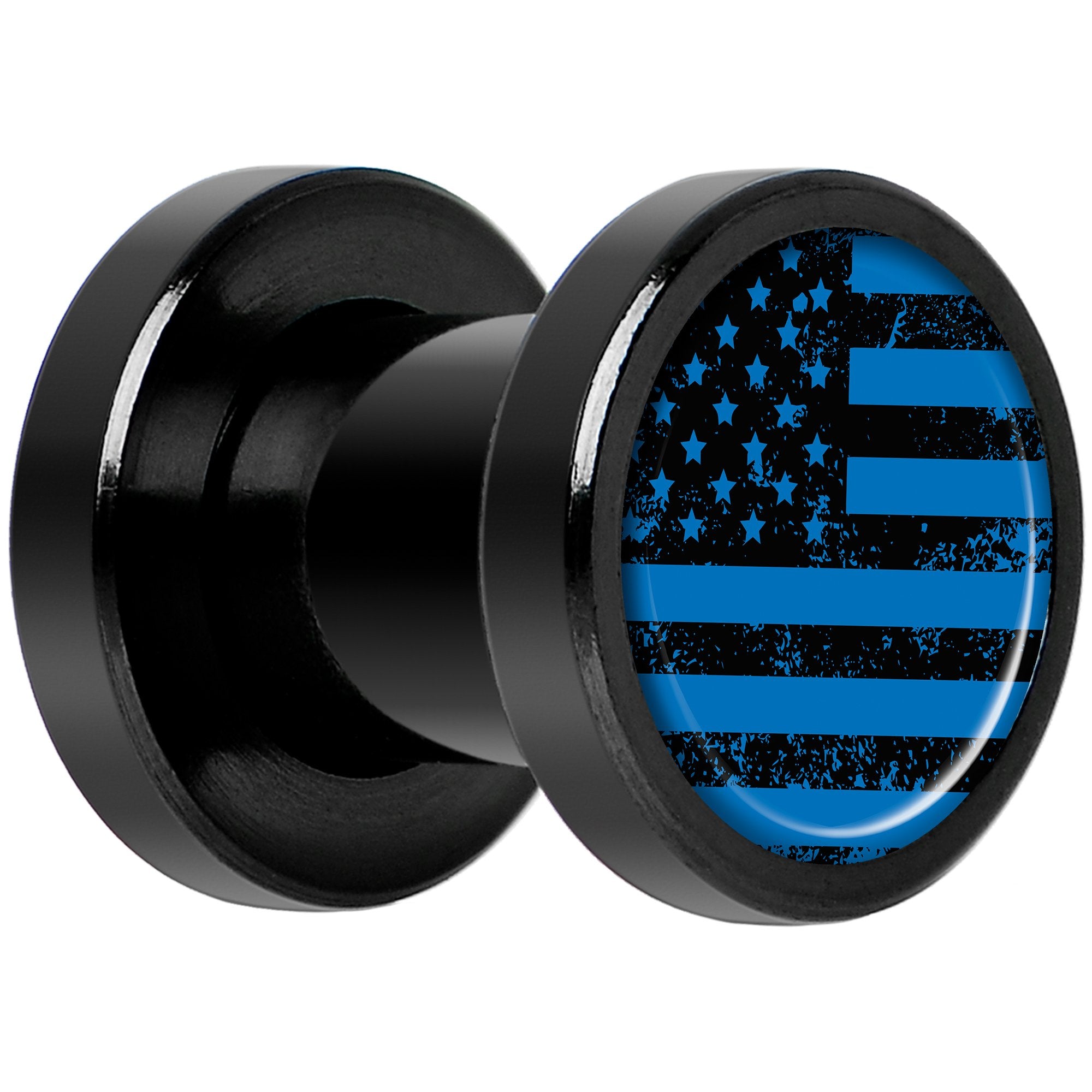 Blue American Flag Black Anodized Screw Fit Plug Set 2 Gauge