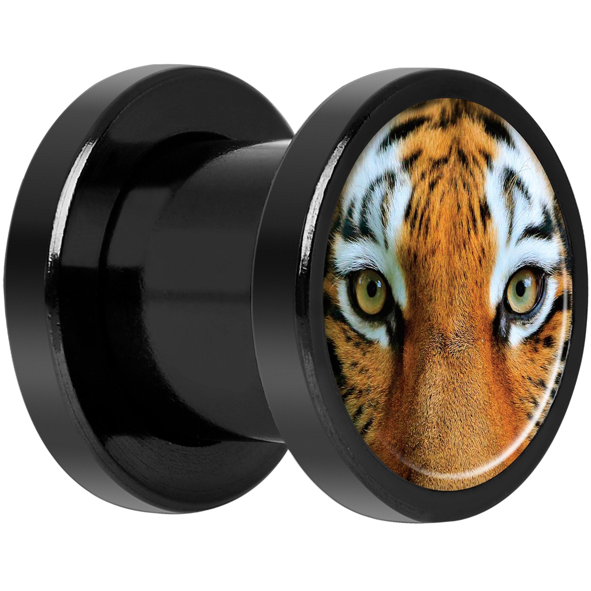 Full Color Tiger Eyes Black Anodized Screw Fit Plug Set 0 Gauge