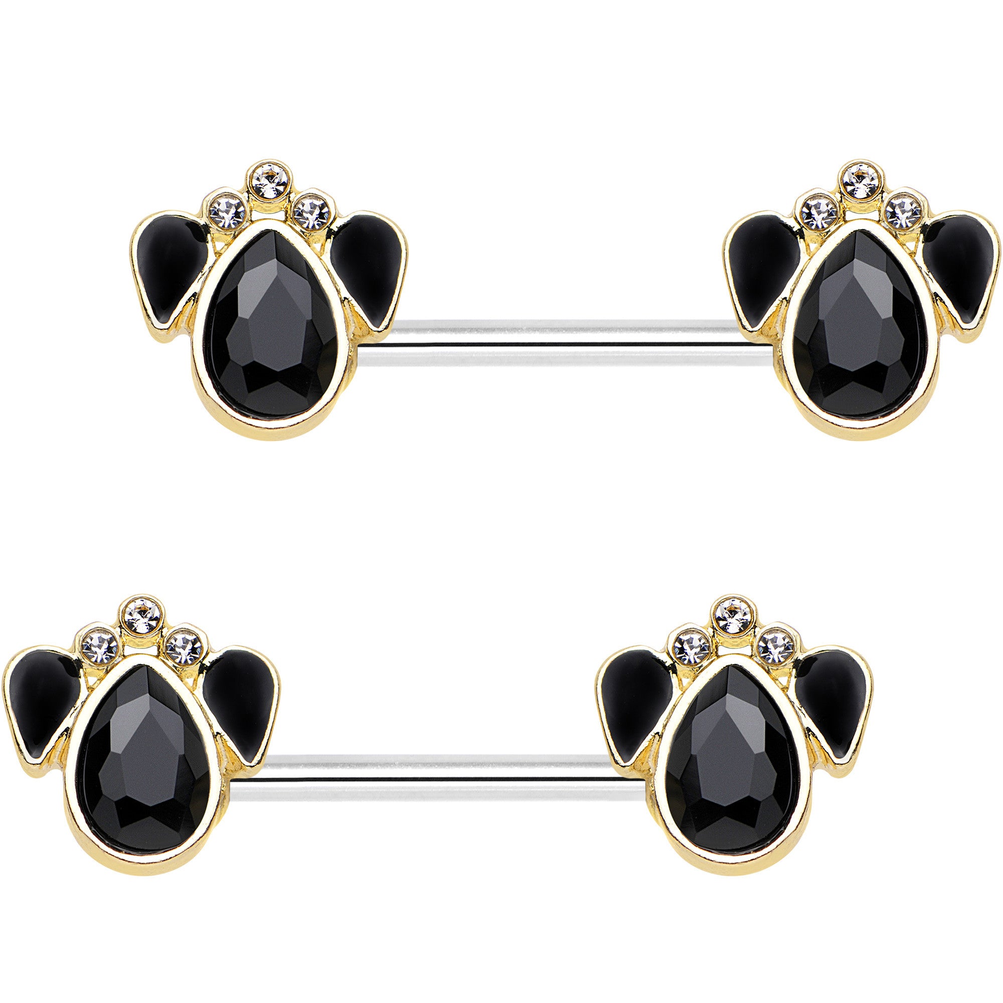 9/16 Black Gem Cat Paw Print Barbell Nipple Ring Set