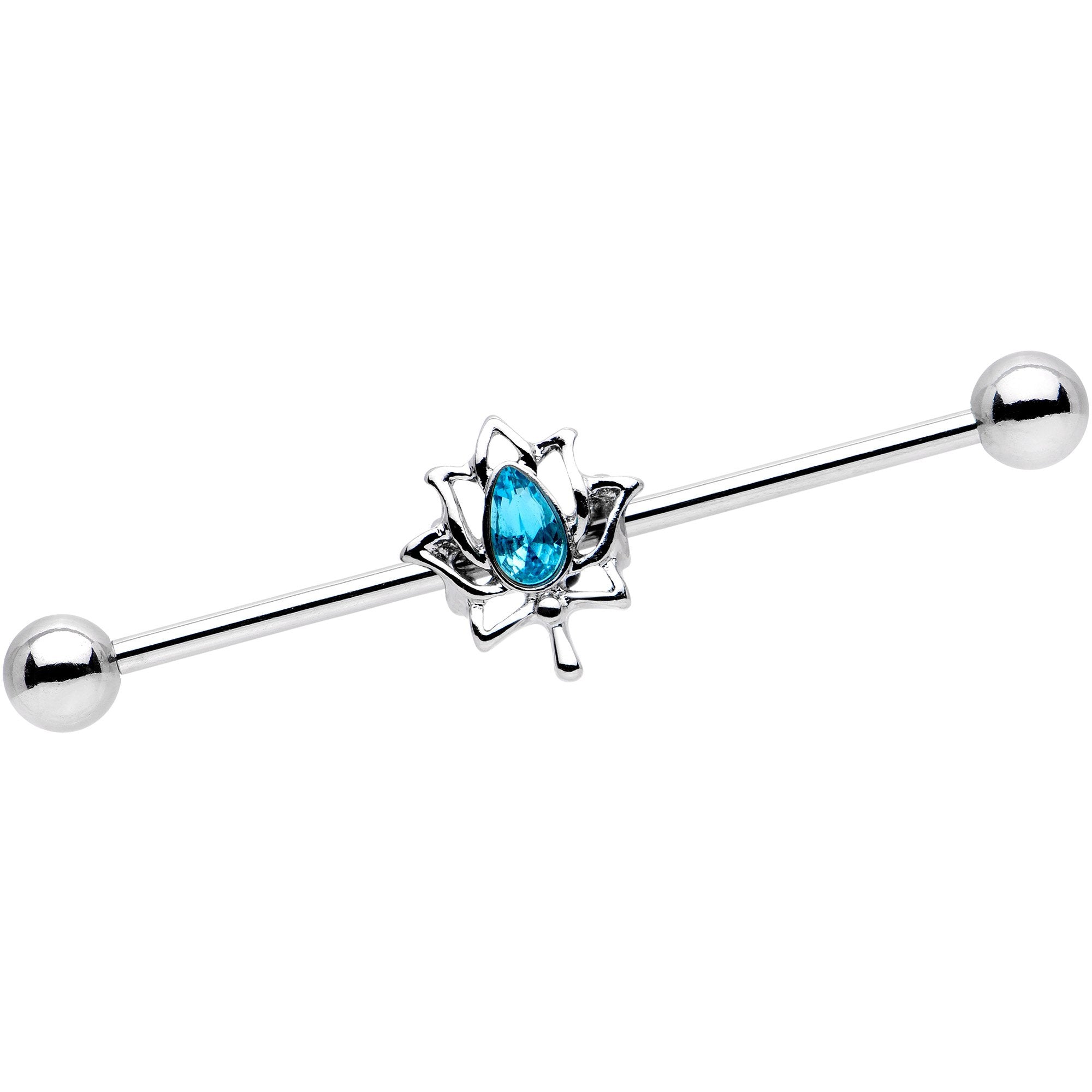 14 Gauge Aqua Gem Lotus Flower Leaf Industrial Barbell 38mm