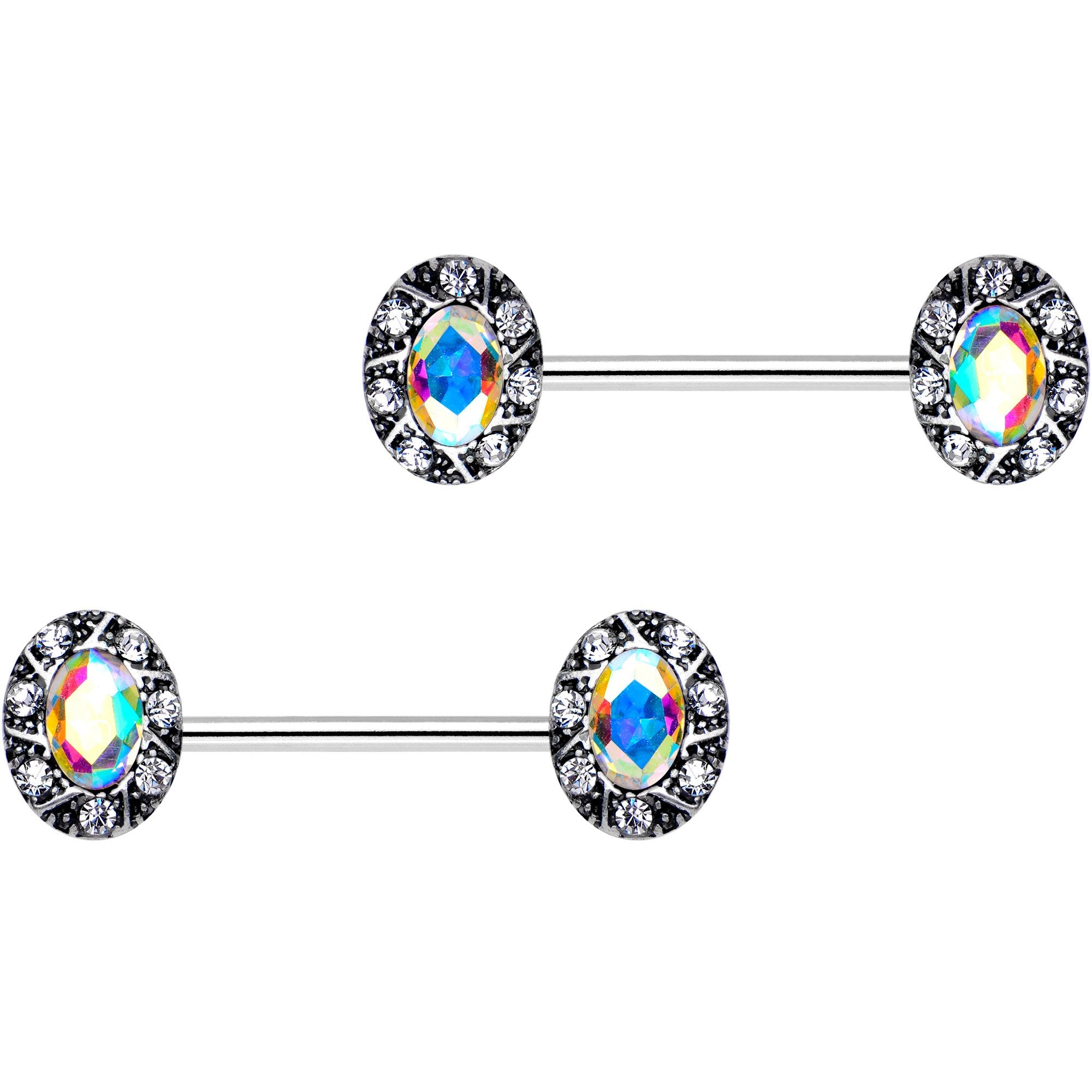 Clear Aurora Gem Razzle Dazzle Barbell Nipple Ring Set