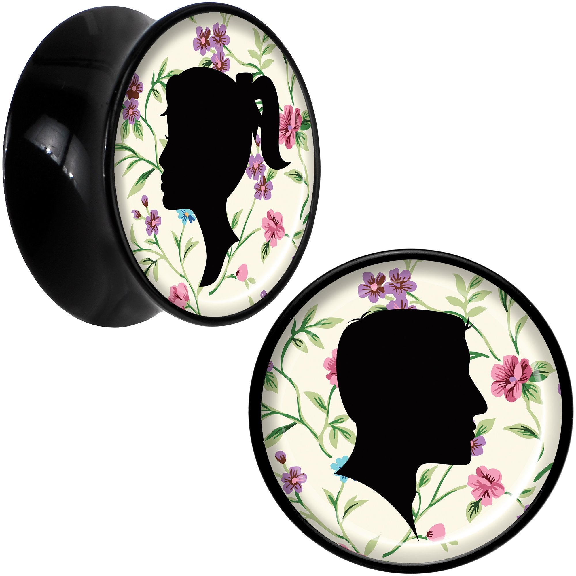 Black Acrylic Man Woman Floral Silhouette Saddle Plug Set 20mm