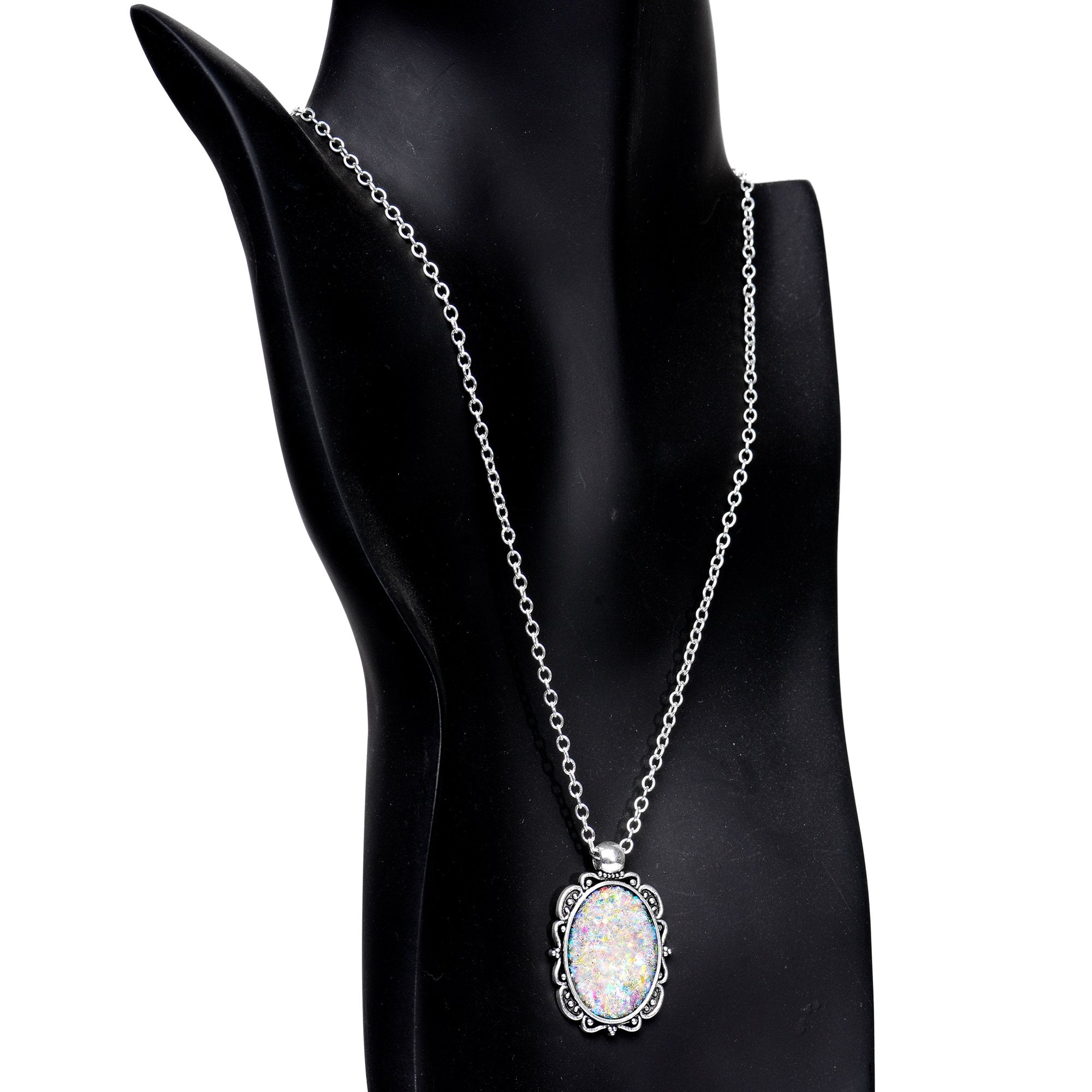 Handcrafted White Faux Opal Splash Silver Plated Chain Necklace