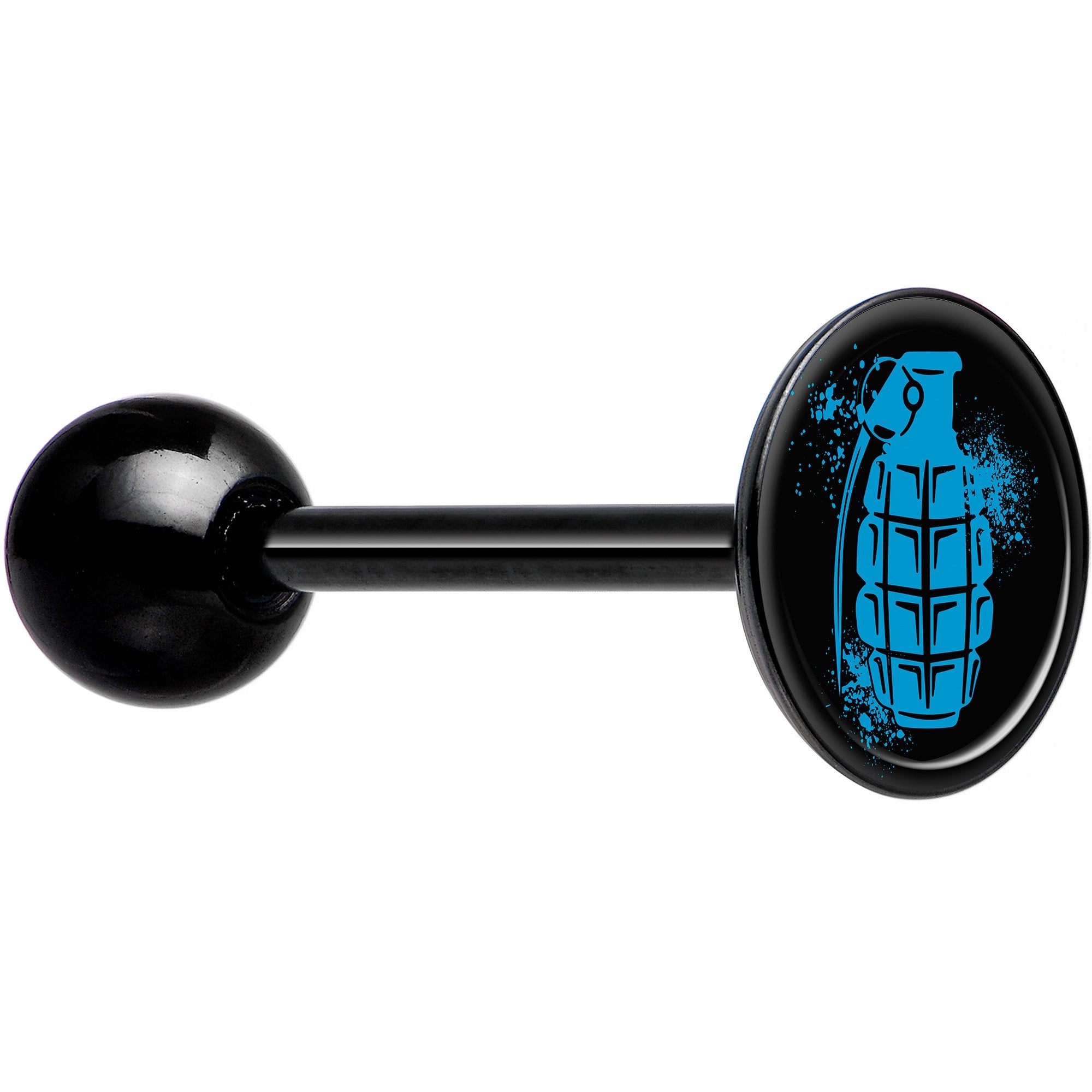 Blue Grenade Black Barbell Tongue Ring