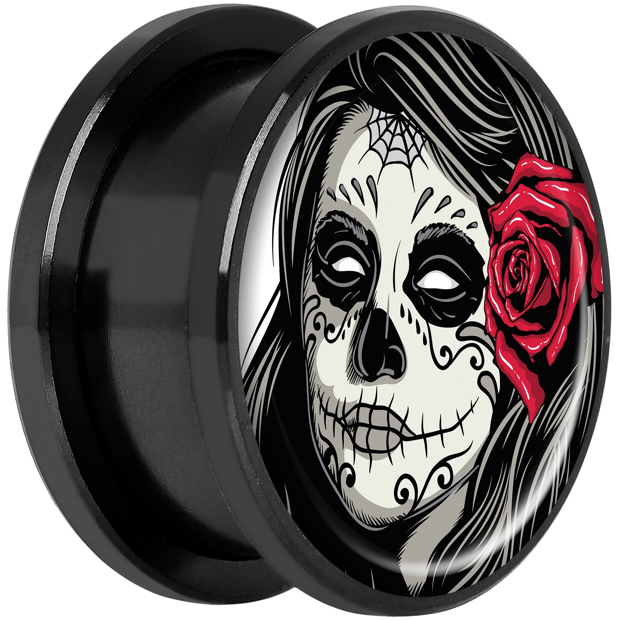 Katrina Sugar Skull with Rose Flower Black Anodized Screw Fit Plug Set 18mm