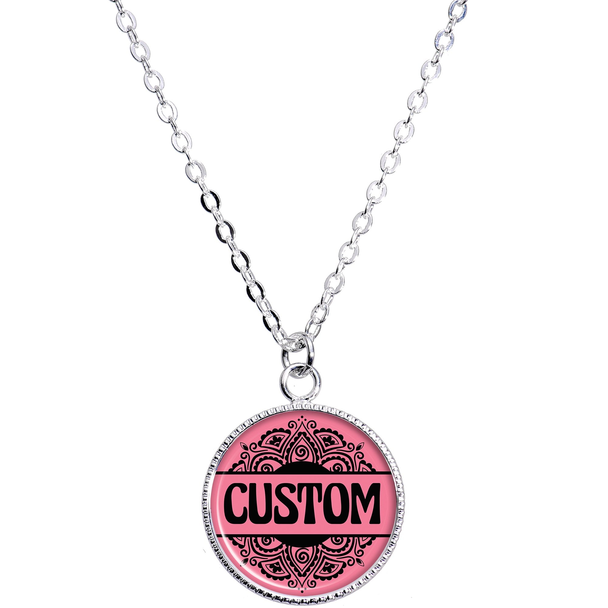 Custom Pink Mandala Personalized Name Silver Plated Chain Necklace