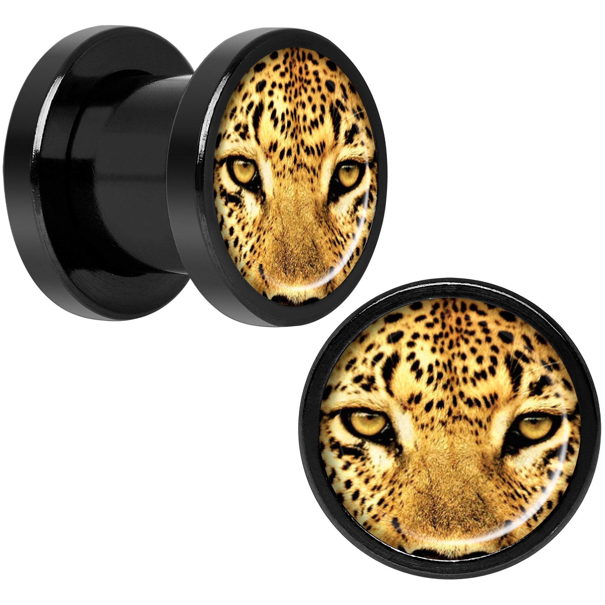 Full Color Leopard Eyes Black Anodized Screw Fit Plug Set 0 Gauge