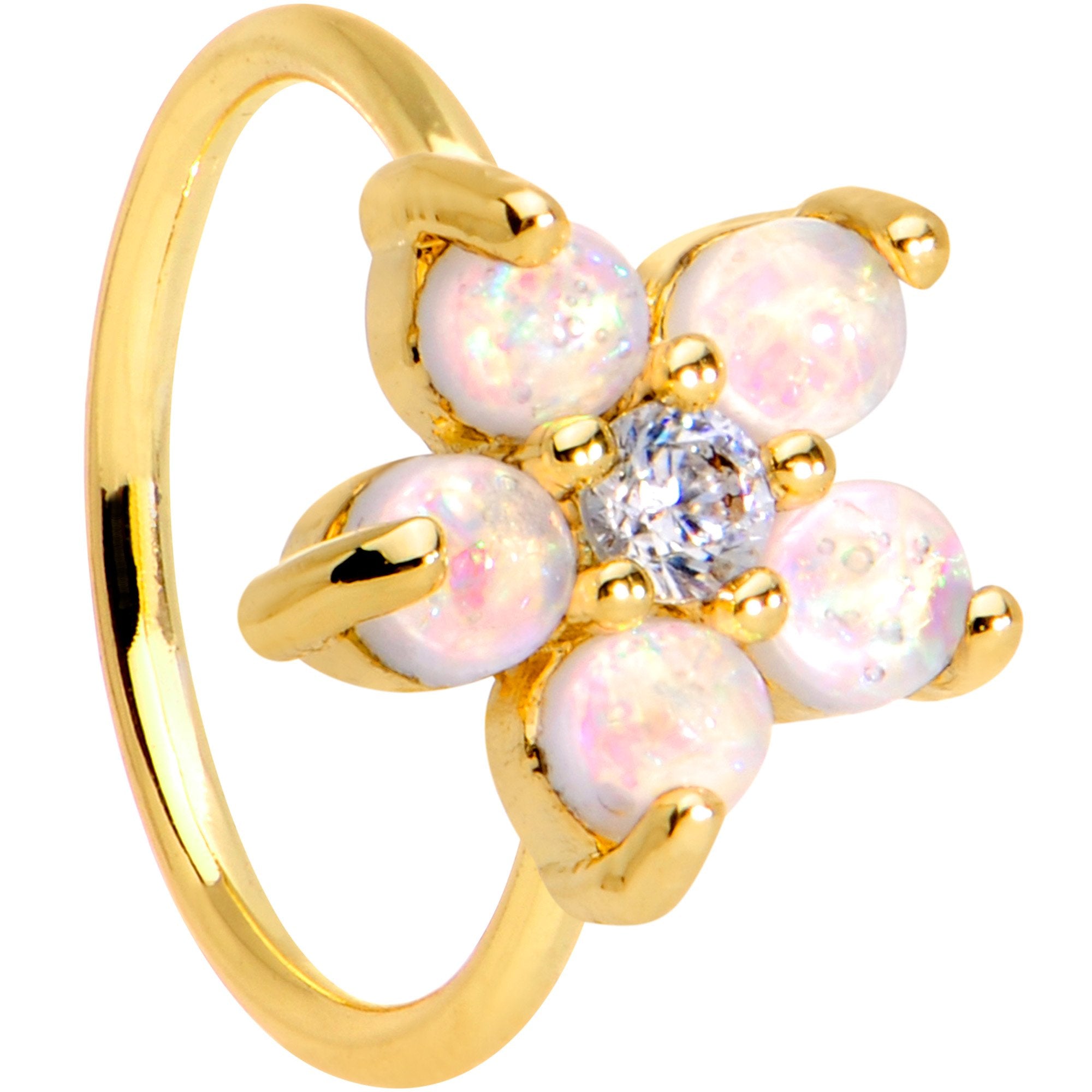 20 Gauge Clear CZ White Faux Opal Gold Tone Flower Circular Ring