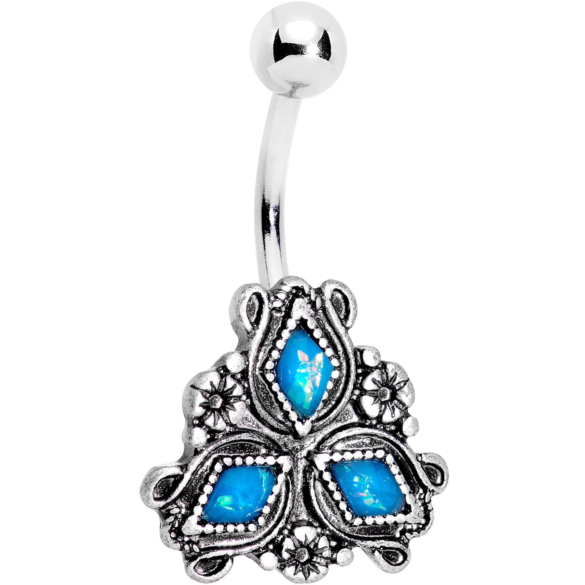 Aqua Gem Twisting Triad Flower Belly Ring