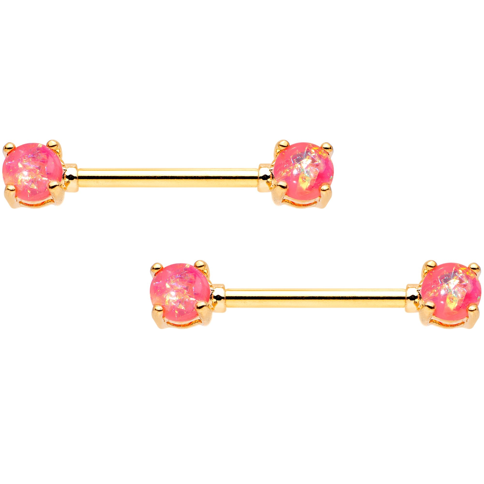 Pink Faux Opal Gold Tone Captive Ring Straight Barbell Nipple Ring Set