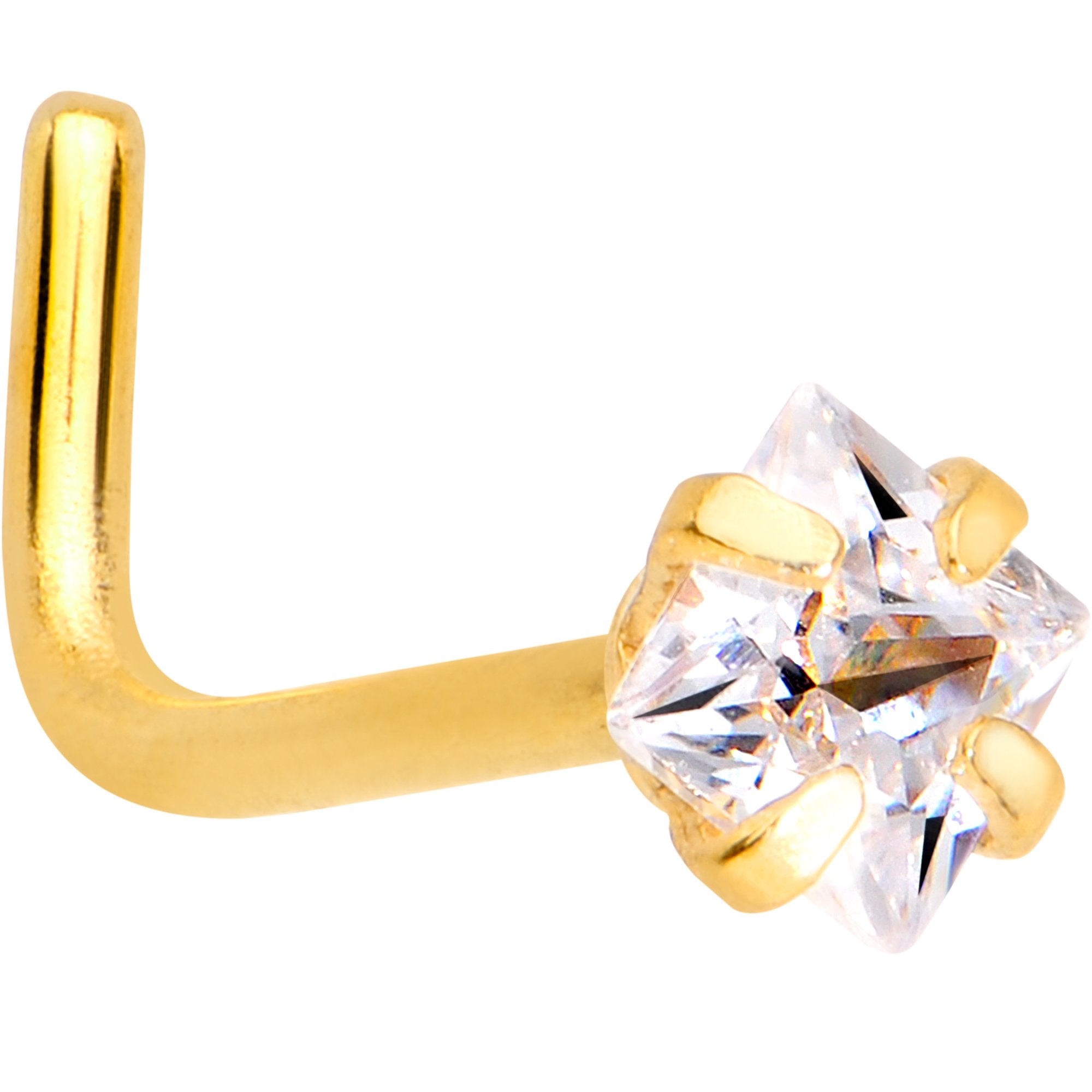 20 Gauge 1/4 Clear Square 2.5mm CZ Gem Gold IP L-Shape Nose Ring