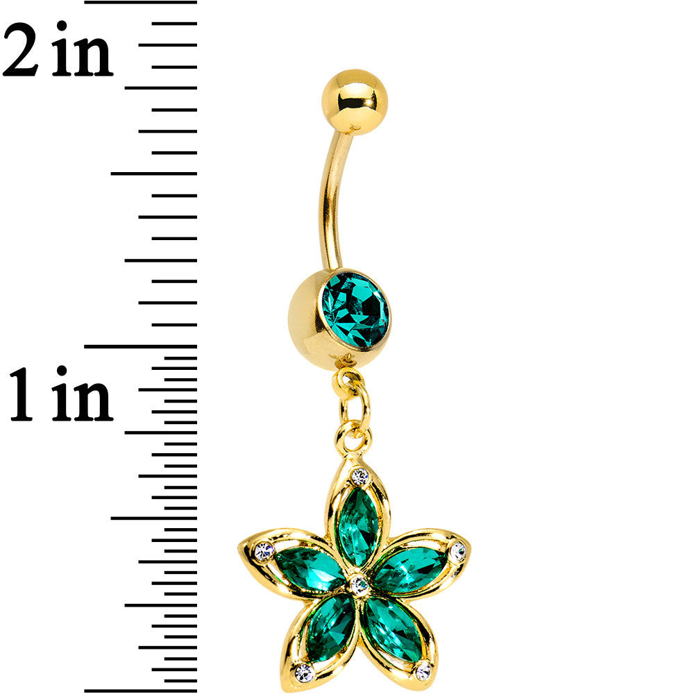 Green Gem Gold PVD Holiday Hibiscus Flower Dangle Belly Ring