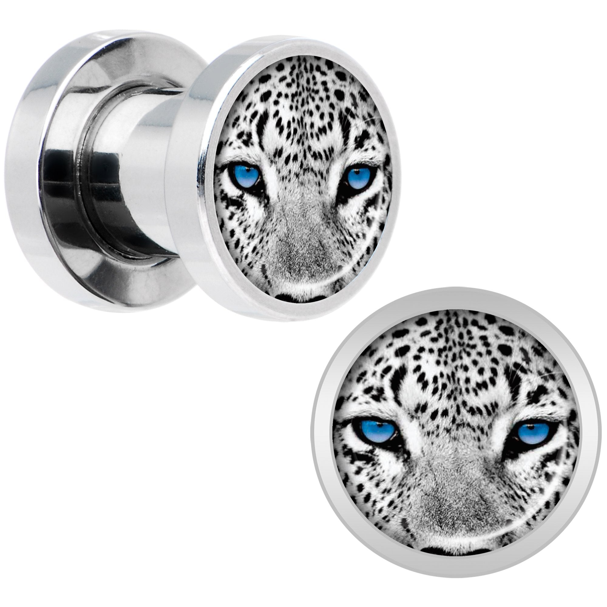 Black White Leopard Eyes Steel Screw Fit Plug Set 2 Gauge