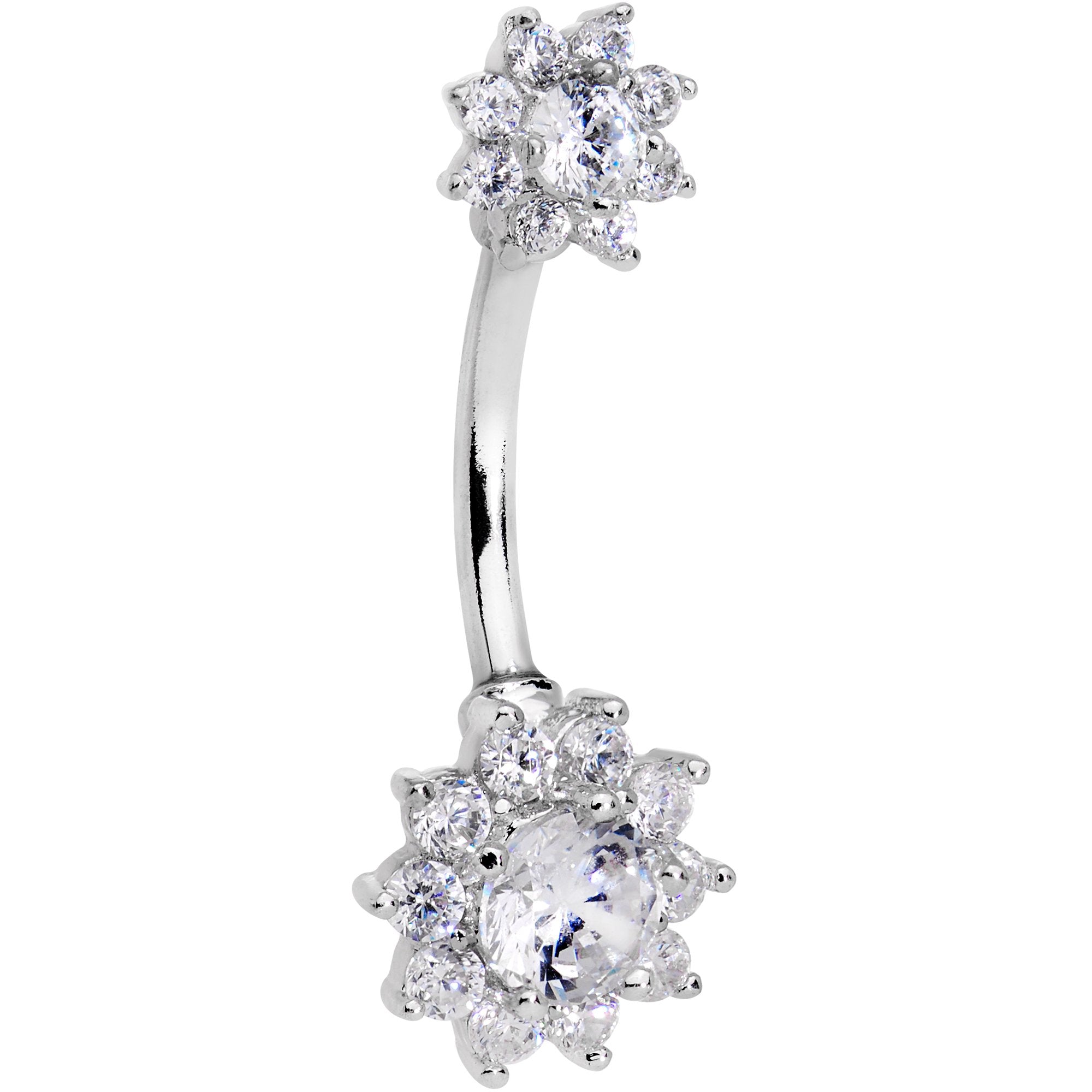 Clear Gem Mirrored Flowers Double Mount Belly Ring