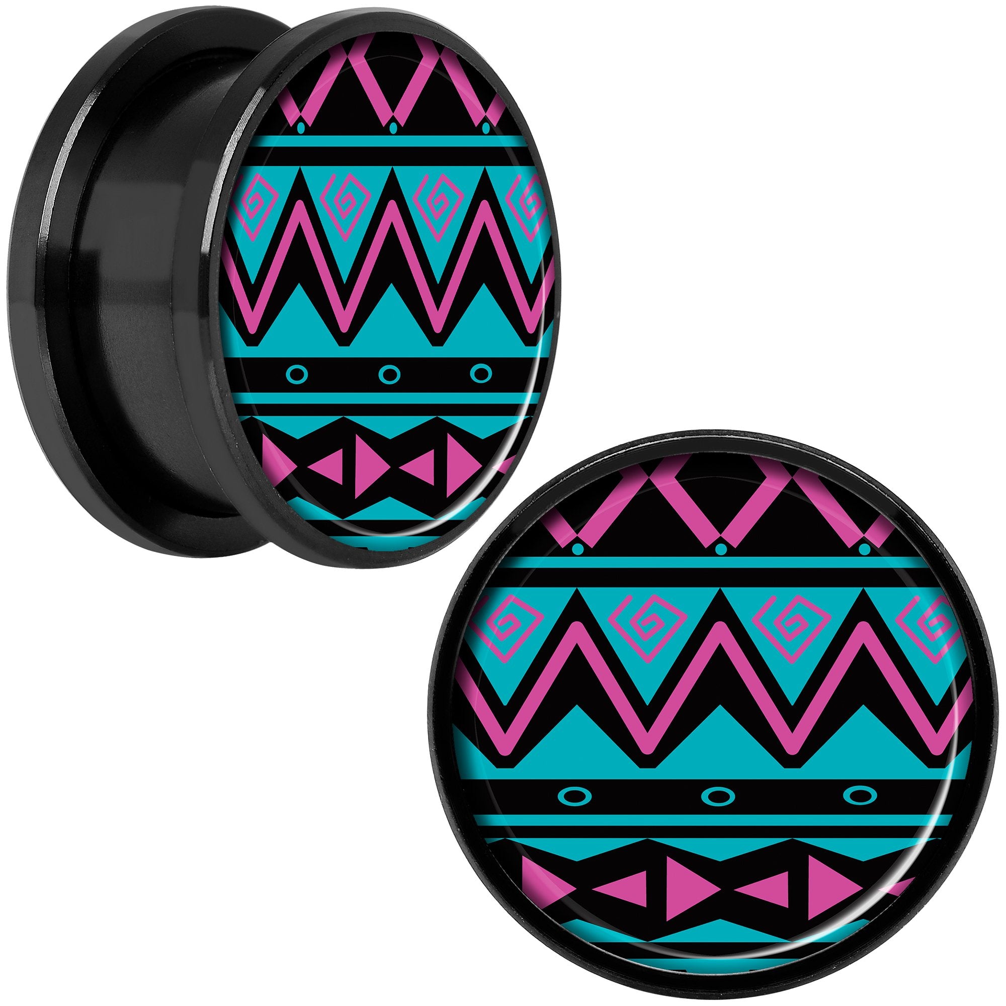 Pink Teal Tribal Print Black Anodized Screw Fit Plug Set 18mm