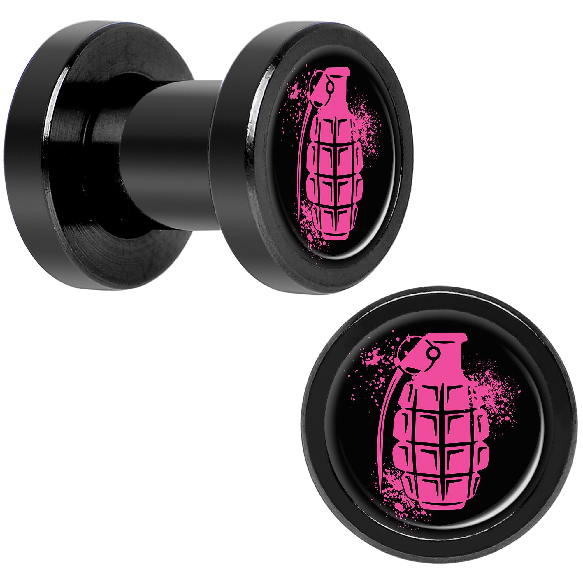 Pink Grenade Black Anodized Screw Fit Plug Set 4 Gauge