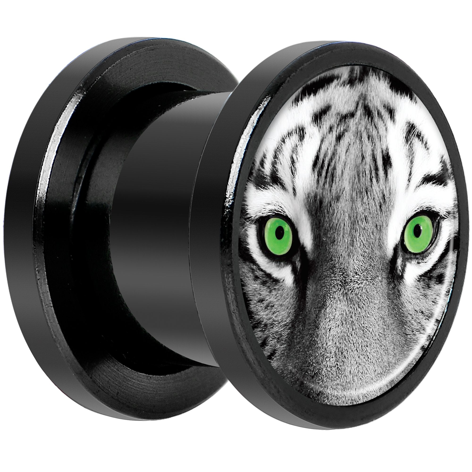 Black White Tiger Eyes Black Anodized Screw Fit Plug Set 00 Gauge