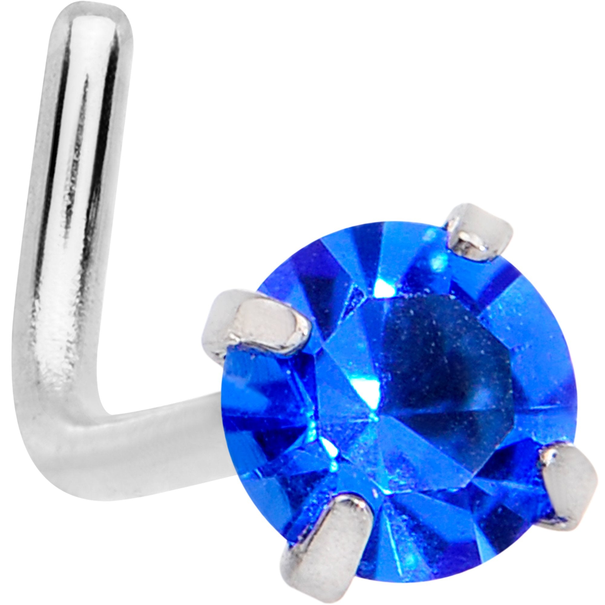 20 Gauge 1/4 Blue 3mm CZ Gem Steel L-Shape Nose Ring