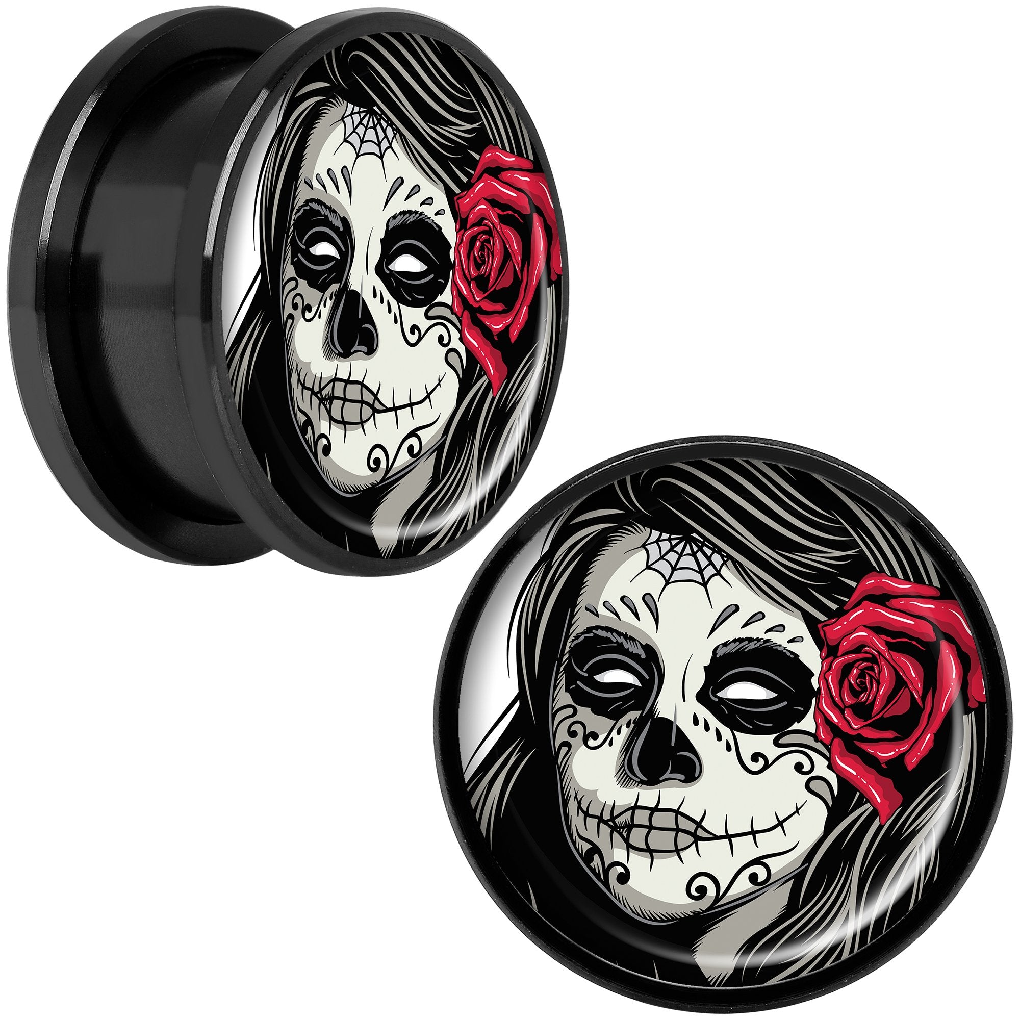 Katrina Sugar Skull with Rose Flower Black Anodized Screw Fit Plug Set 18mm