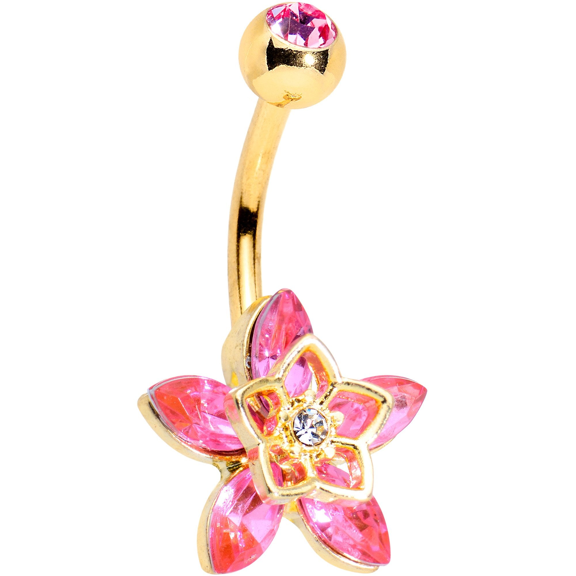 Pink Gem Gold Tone Anodized Flower burst Star Belly Ring