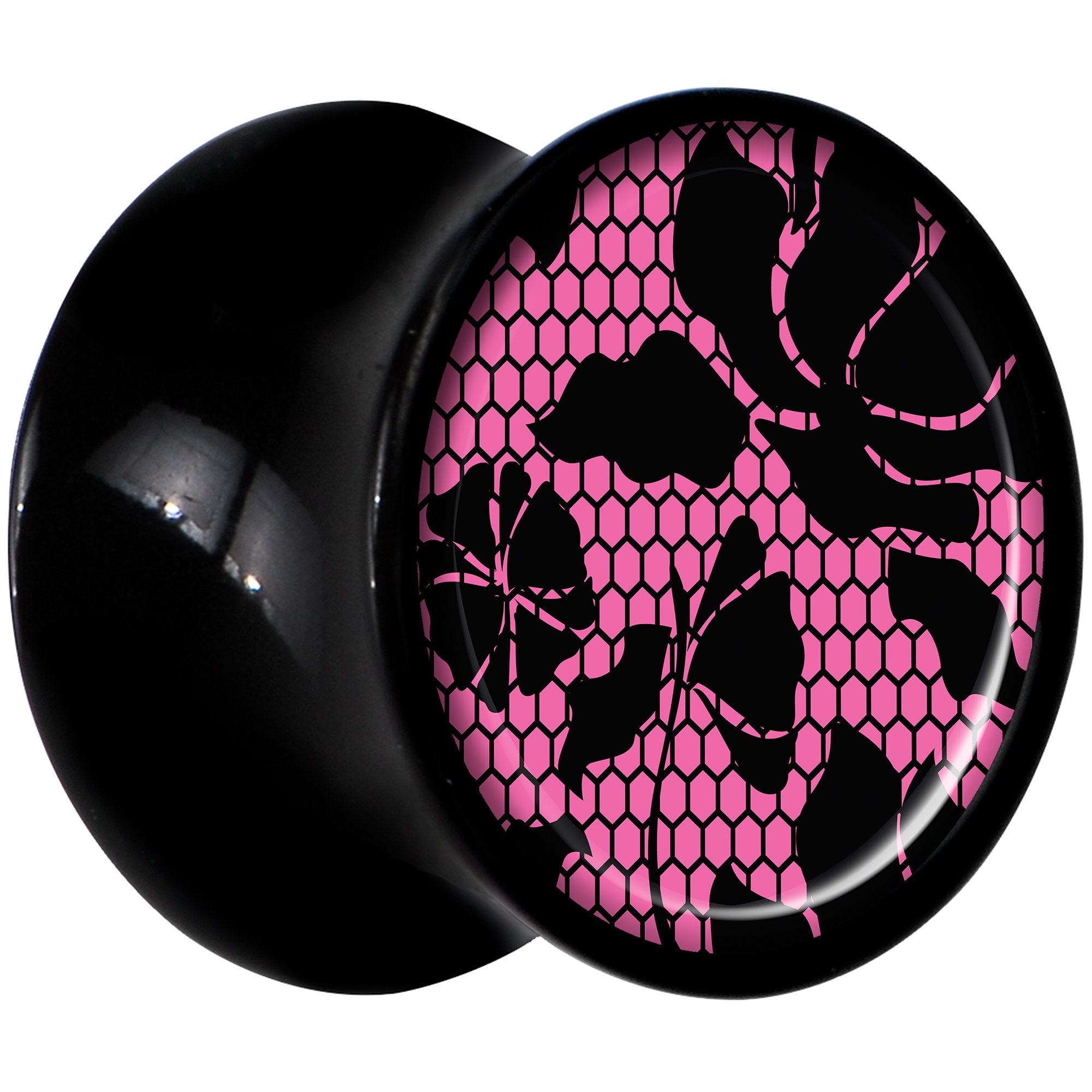 Black Acrylic Pink Floral Lace Saddle Plug Set 00 Gauge