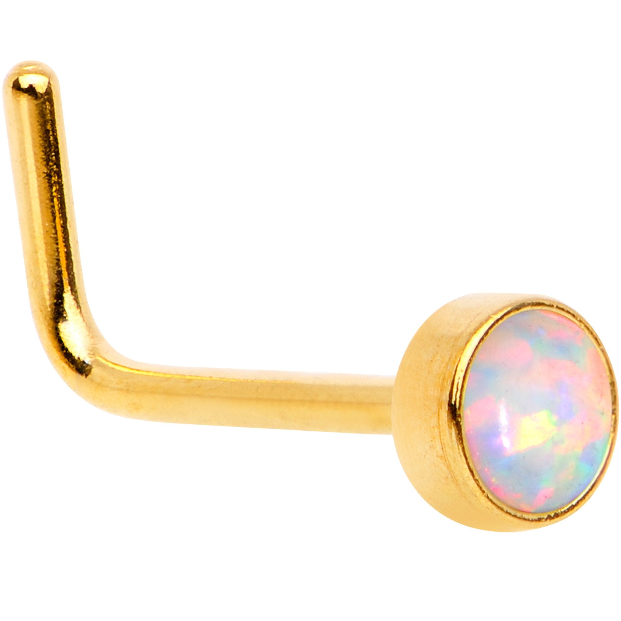 White 3mm Synthetic Opal Inlay Gold Tone Press Fit L-Shape Nose Ring