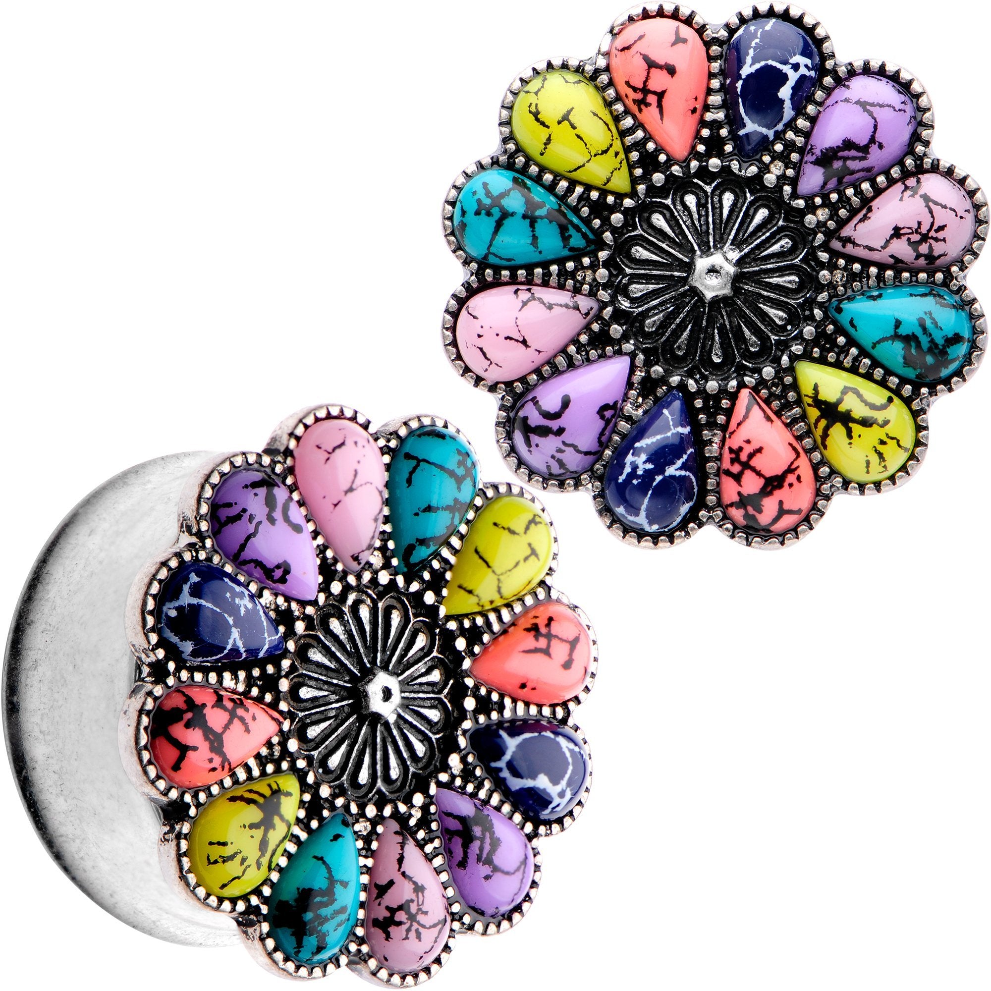 Southwestern Pinwheel Flower Double Flare Plug Set Set 2 Gauge to 22mm