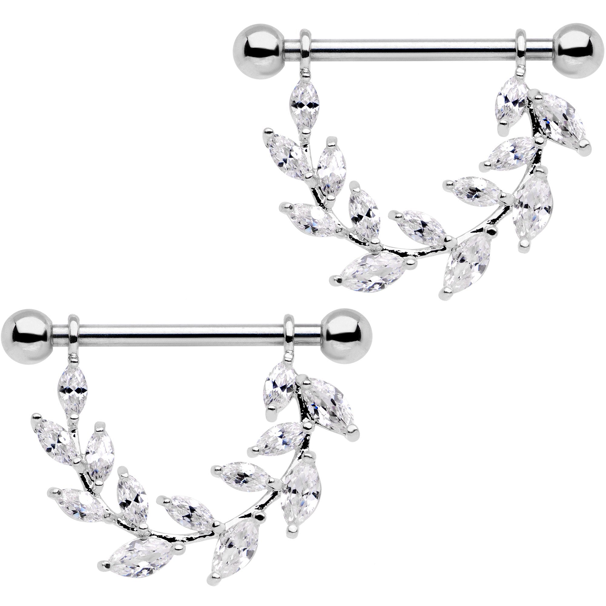 9/16 Clear CZ Gem Ivy Leaf Dangle Nipple Ring Set