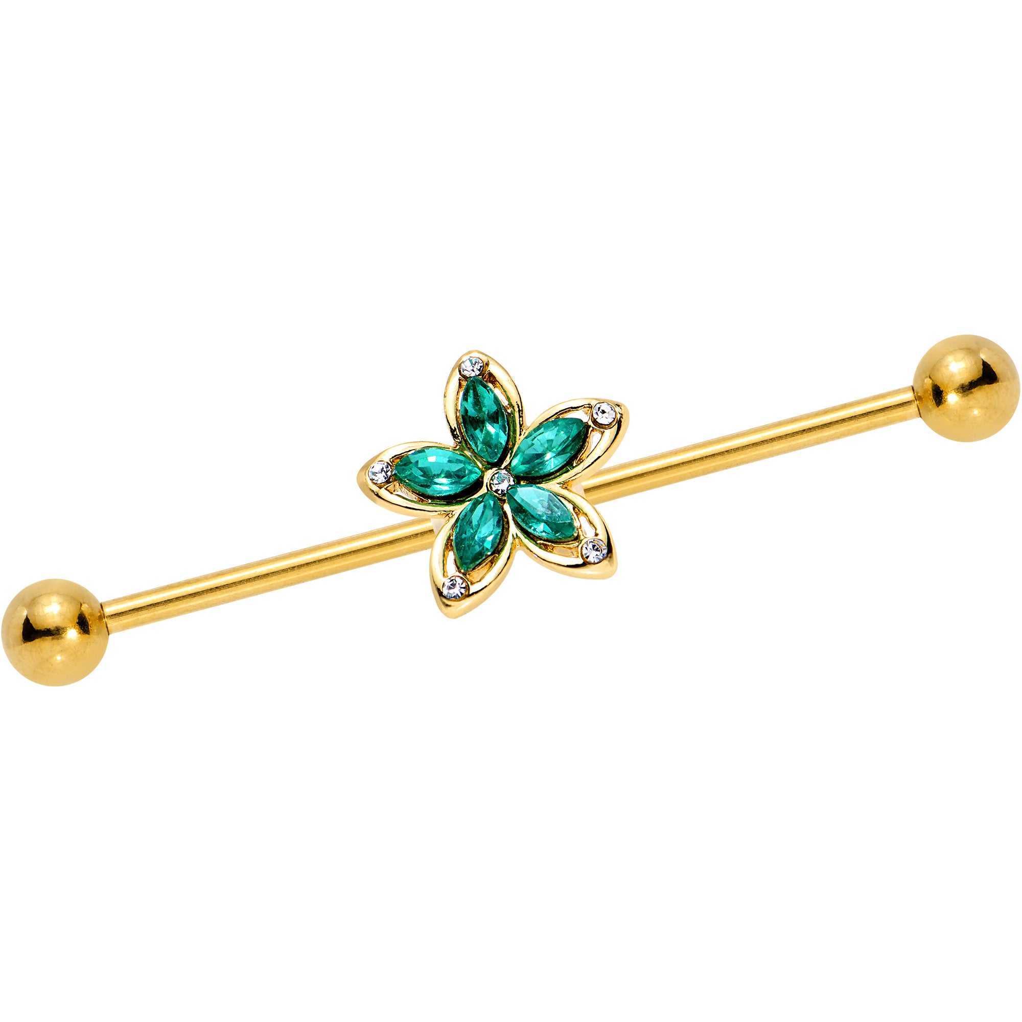 Green Gem Gold PVD Holiday Hibiscus Flower Industrial Barbell 38mm