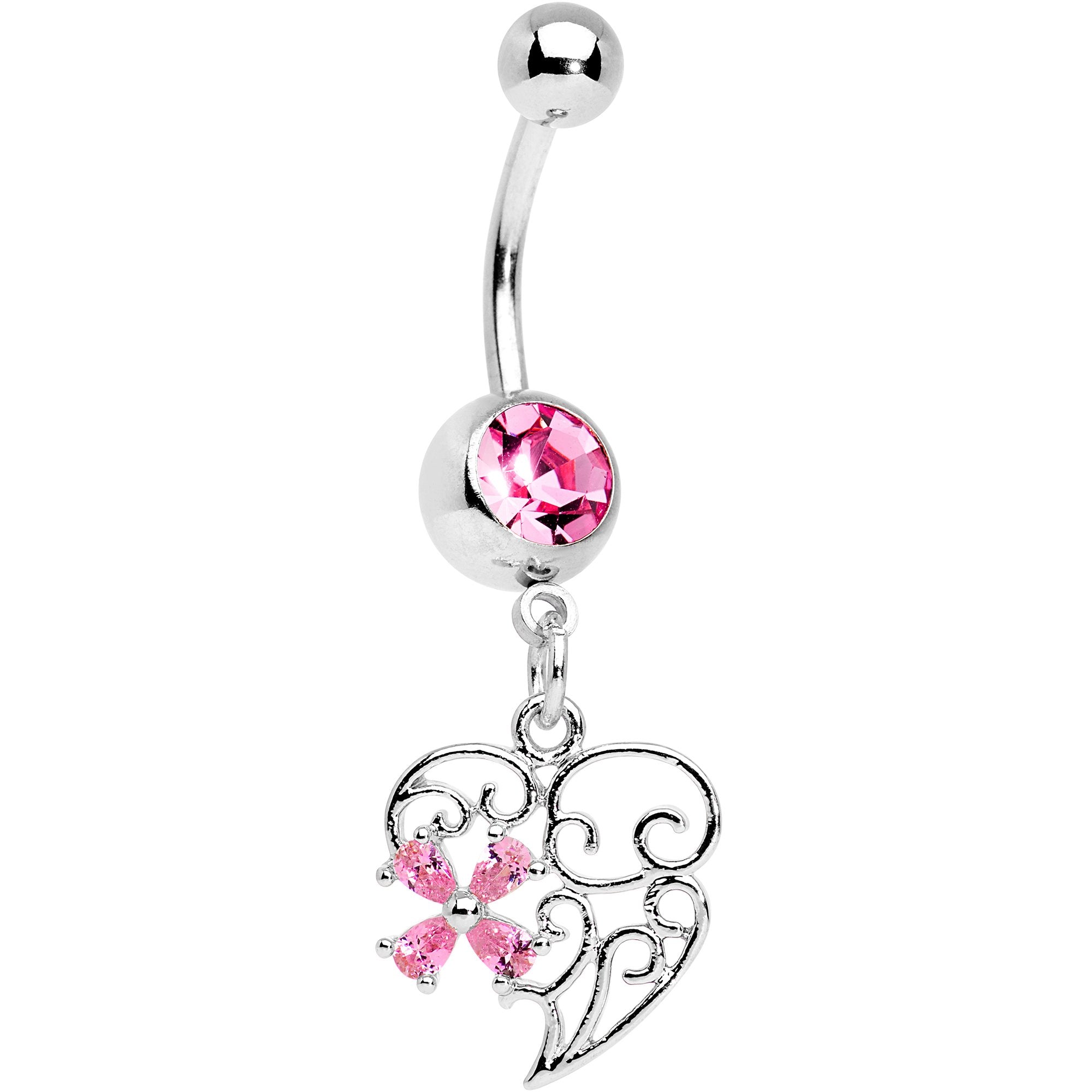 Pink Gem Filigree Heart Flower Dangle Belly Ring