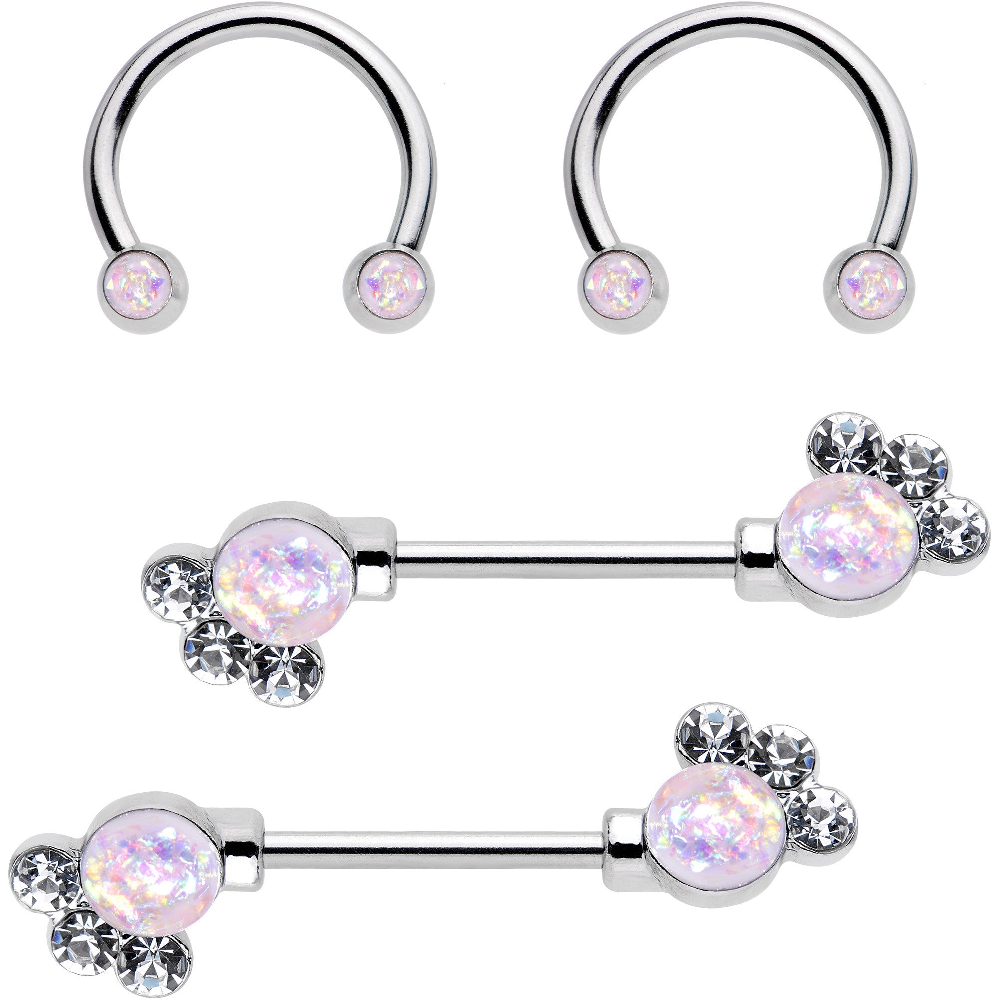 14 Gauge White Faux Opal Horseshoe Barbell Nipple Ring Set of 4