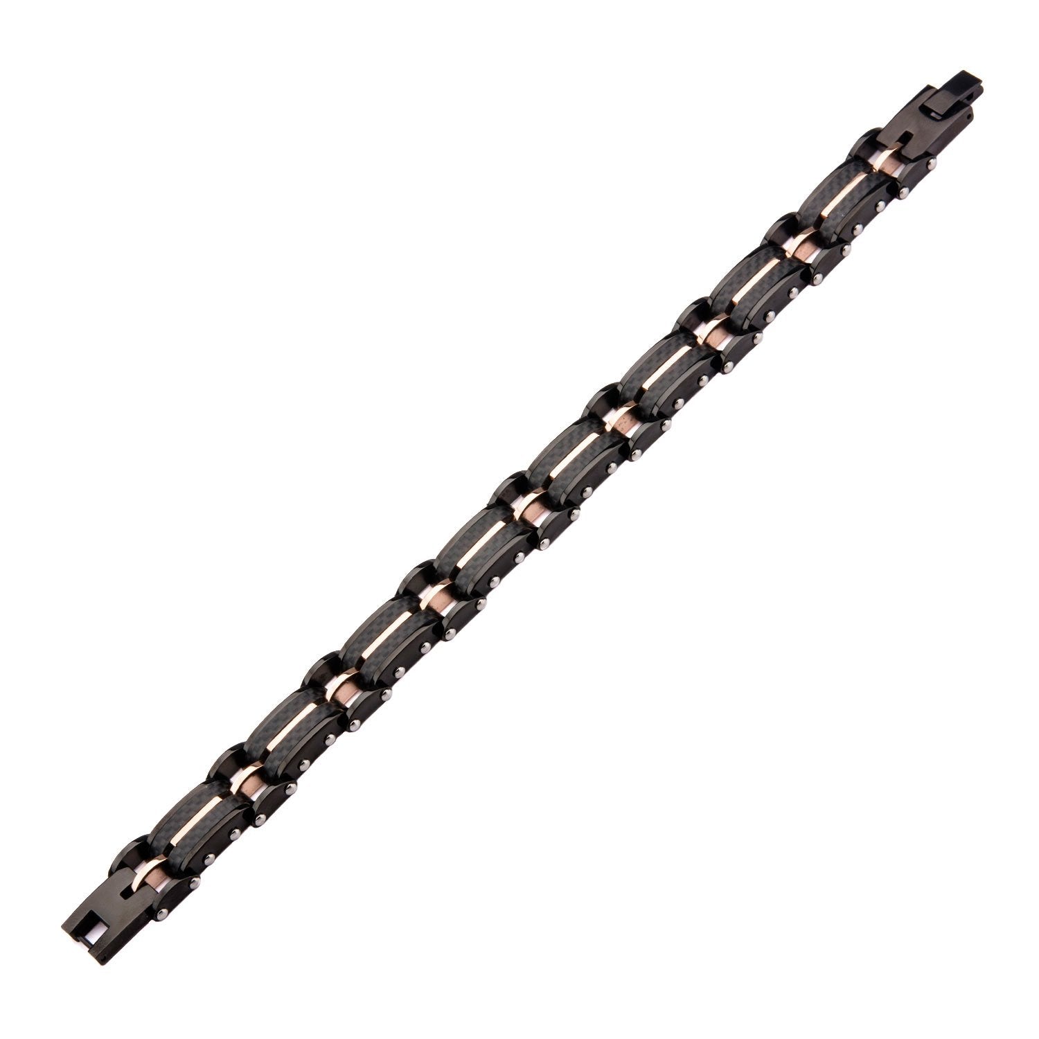 Mens Stainless Steel Solid Carbon Graphite and Rose Gold IP Link Bracelet