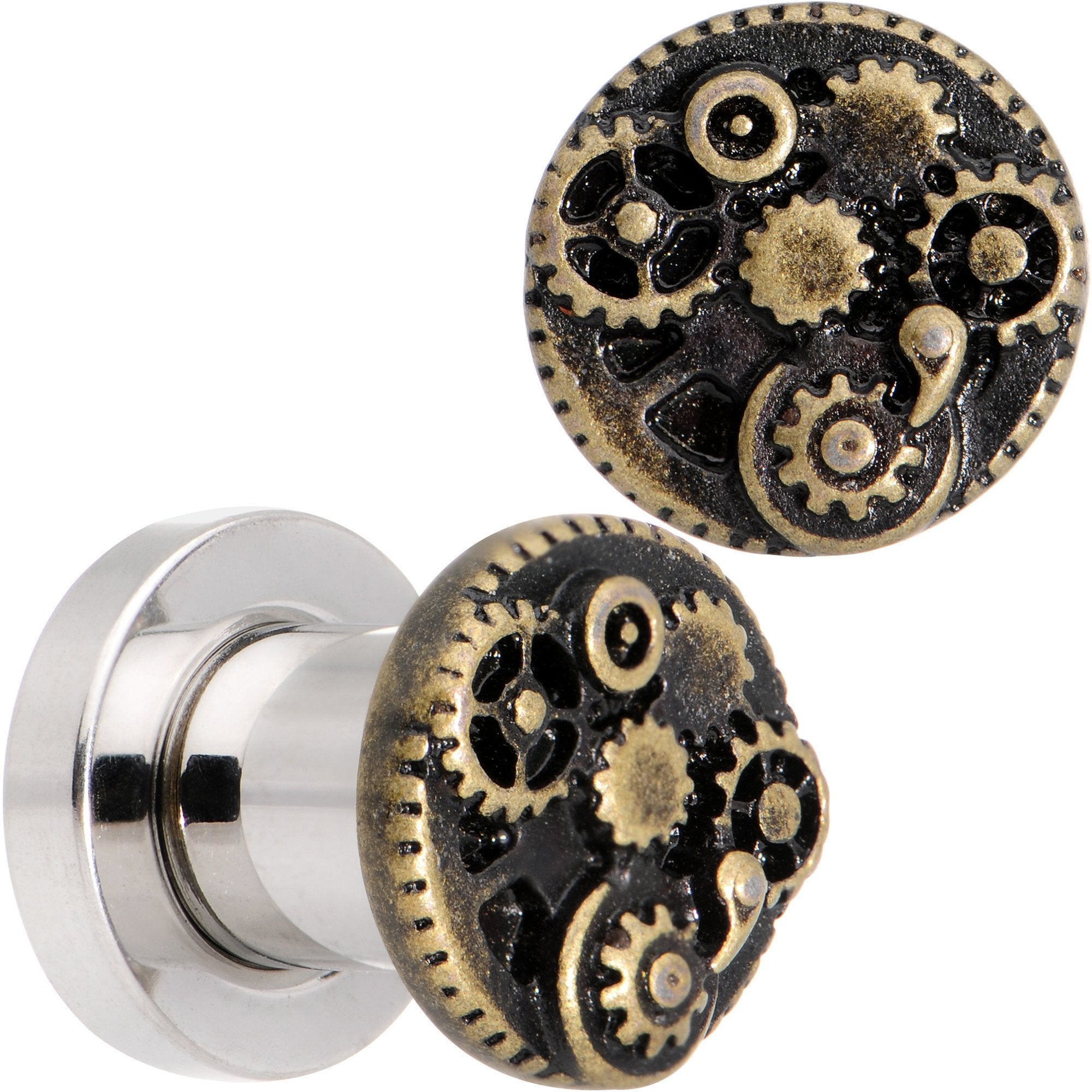 Steampunk Gears and Gizmos Screw Fit Tunnel Plug Set 2 Gauge to 1 Inch