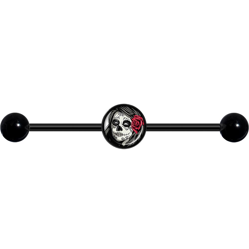 14 Gauge Katrina Sugar Skull with Rose Flower Black Industrial Barbell 37mm